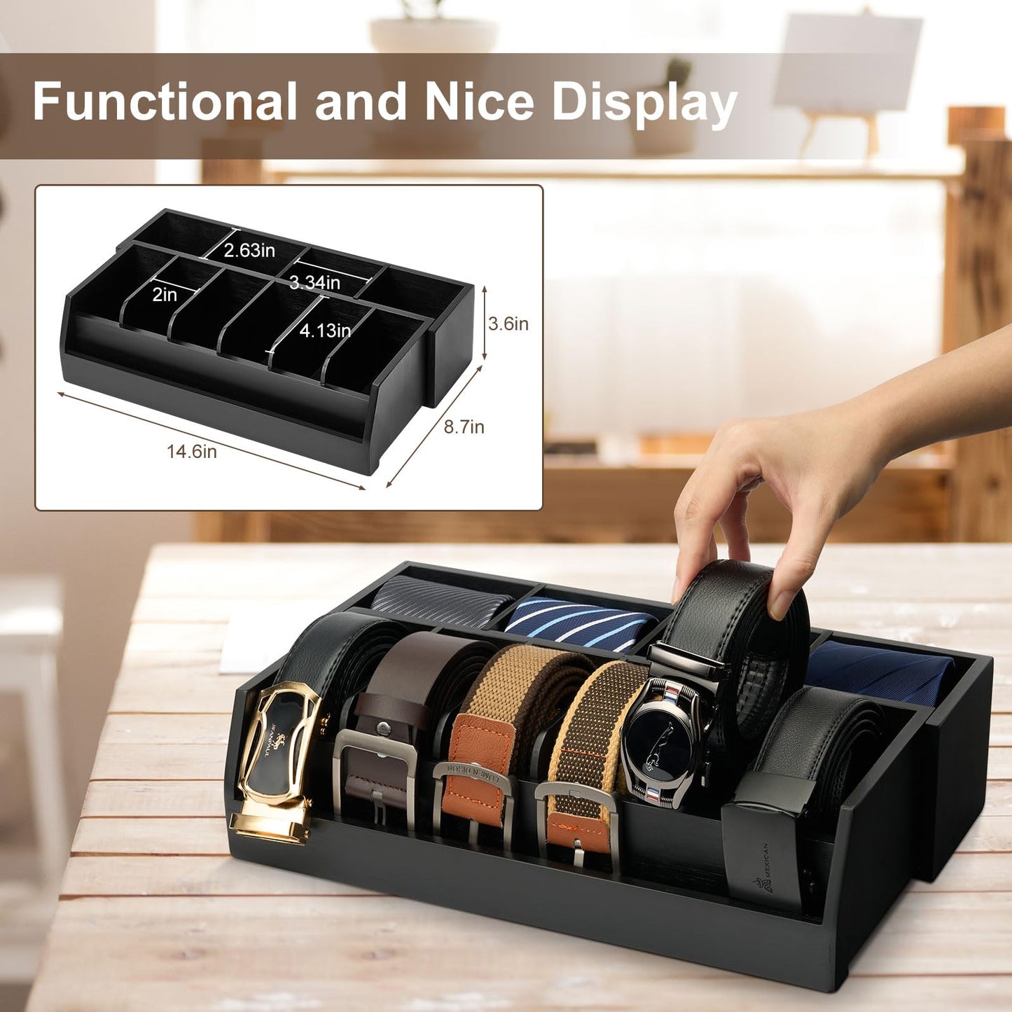 Ikkle Wooden Belt Organizer Box, 10 Compartment Belt & Tie Storage, Closet & Drawer Display Case, Large Holder (Black)
