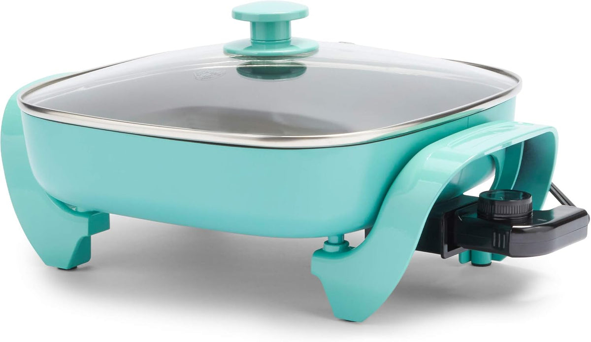 GreenLife 12" 5QT Square Electric Skillet, Glass Vented Lid, Ceramic PFAS-Free Nonstick Interior, Adjustable Temperature Control, Cool Touch Handles, Quick Even Heating, Scratch Resistant, Turquoise