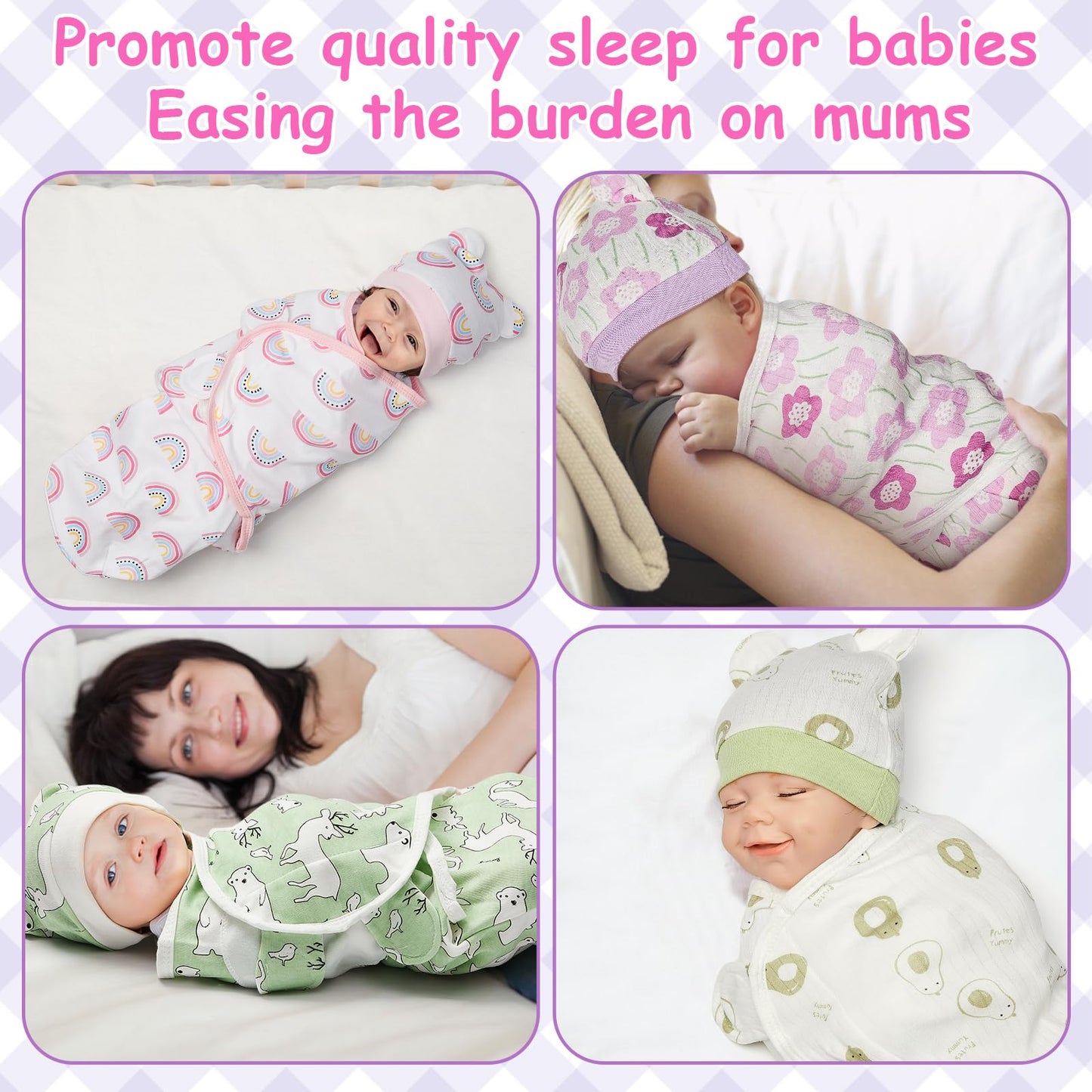 Ramede 6 Pack Baby Swaddle Blanket with Hats Sleep Swaddle for 0-3 Months Newborn Sacks Soft Cotton Wearable for Boy Girl(Pink and Green,Flower)