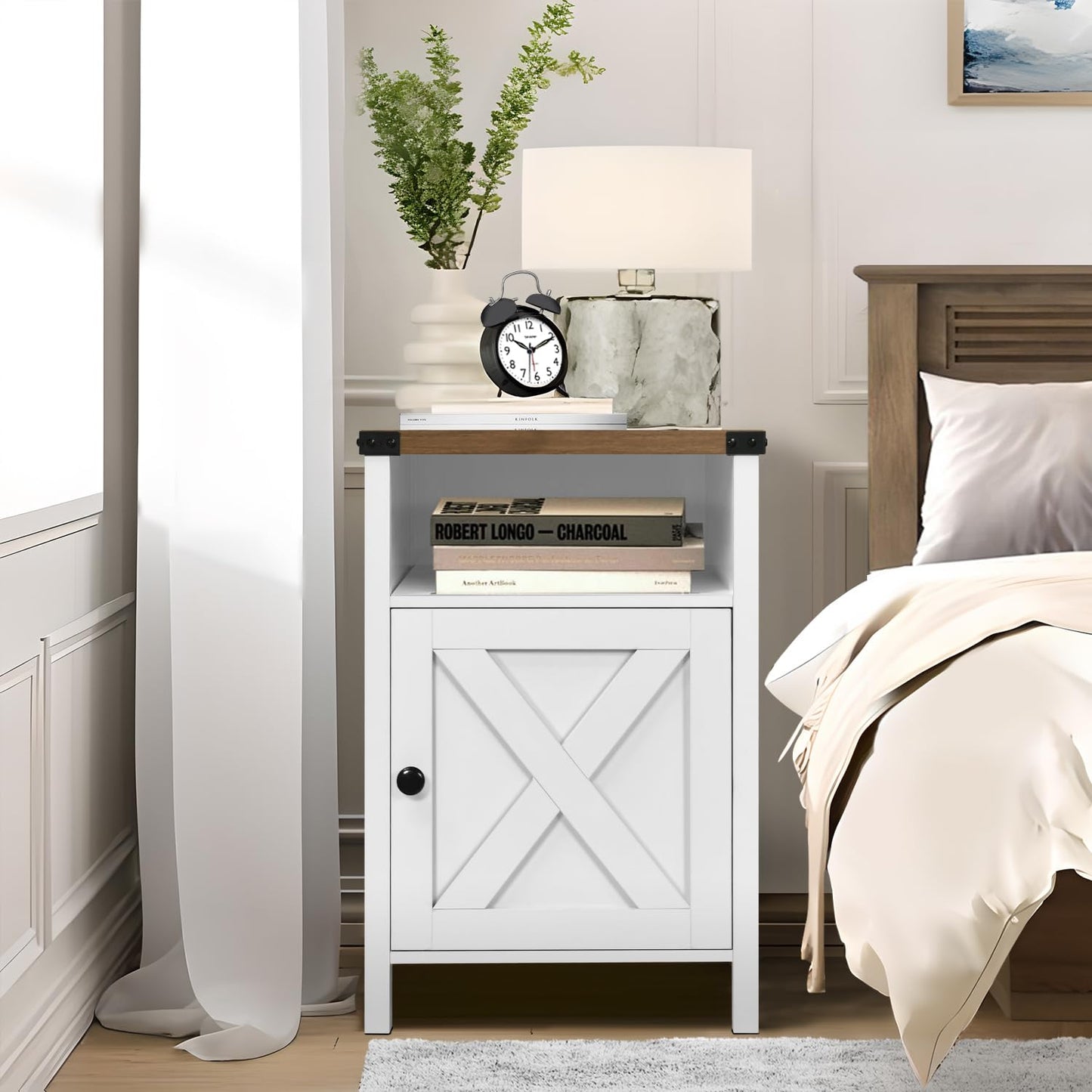 Catrimown Farmhouse End Table, Nightstand Set of 2, Rustic Night Stand with Barn Door and Storage Shelf, White End Table, Side Table for Bedroom Living Room, White