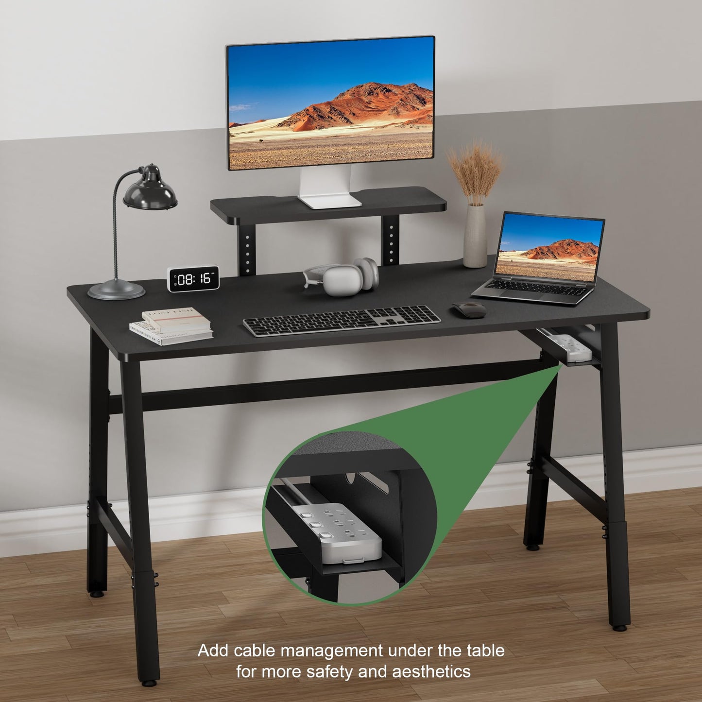 UPGRAVITY Height Adjustable Computer Desk - 47" Gaming Desk, Small Home Office Desk with Monitor Stand, Modern Simple Table Study Writing Work, Living Room Home Bedroom PC Table, Metal Frame, Black