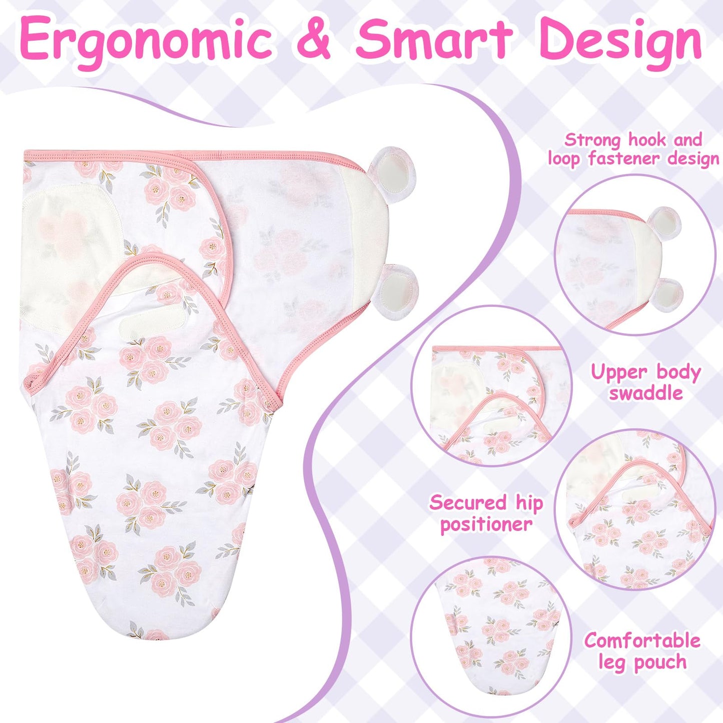 Ramede 6 Pack Baby Swaddle Blanket with Hats Sleep Swaddle for 0-3 Months Newborn Sacks Soft Cotton Wearable for Boy Girl(Pink and Green,Flower)