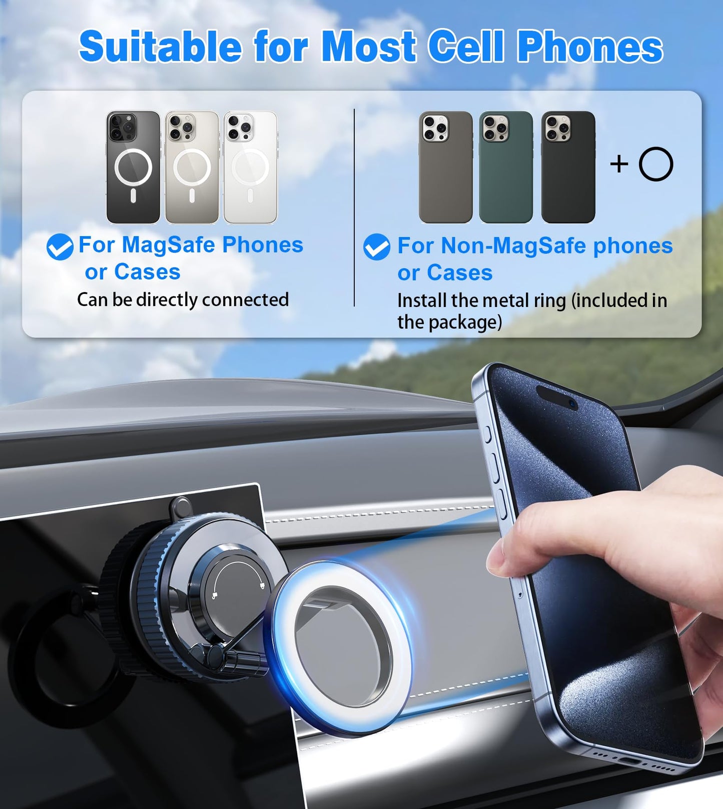Gahenwo Vacuum Magnetic Car Phone Holder Stand,360° Adjustable Car Phone Mount for Magsafe with Suction Cup & Swivel Lock,Foldable Phone Holders for Your Car,Cell Phone Car Mount for iPhone & Android