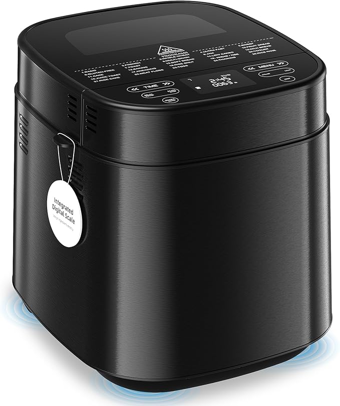 2.5LB Bread Maker with Built-in Electronic Scale, 25-in-1 Bread Machine, Beginner-Friendly with Adjustable Baking & Fermentation, Non-Stick Easy-Clean Pan, Quiet, 15H Delay, Recipes, Black