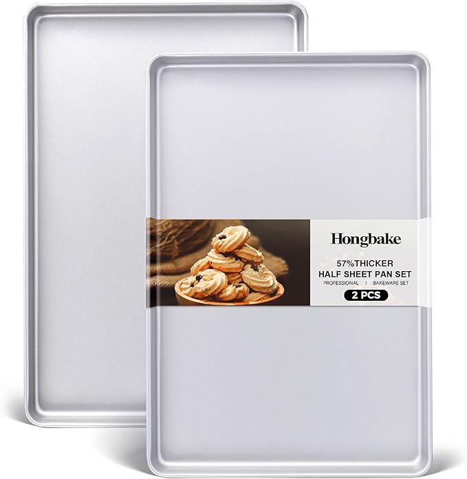 HONGBAKE Half Baking Sheet Pan Set of 2, Nonstick Cookie Sheet for Oven, Heavy Duty 1/2 Commercial Cookie Trays, Dishwasher Safe - Silver