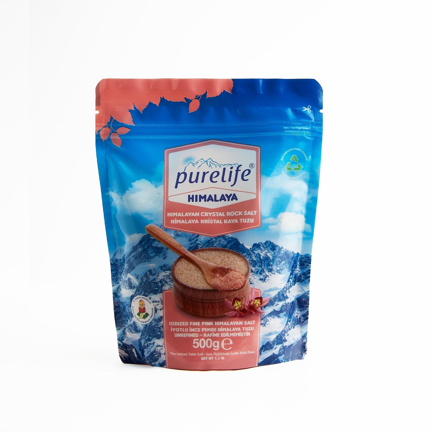 Purelife Himalayan Pink Salt Fine - Iodized Salt, Kosher Certified Pink Himalayan Salt | Premium Unrefined Extra Fine Gourmet Rock Salt Rich in Minerals for Enhanced Flavor - 1.1 Lbs