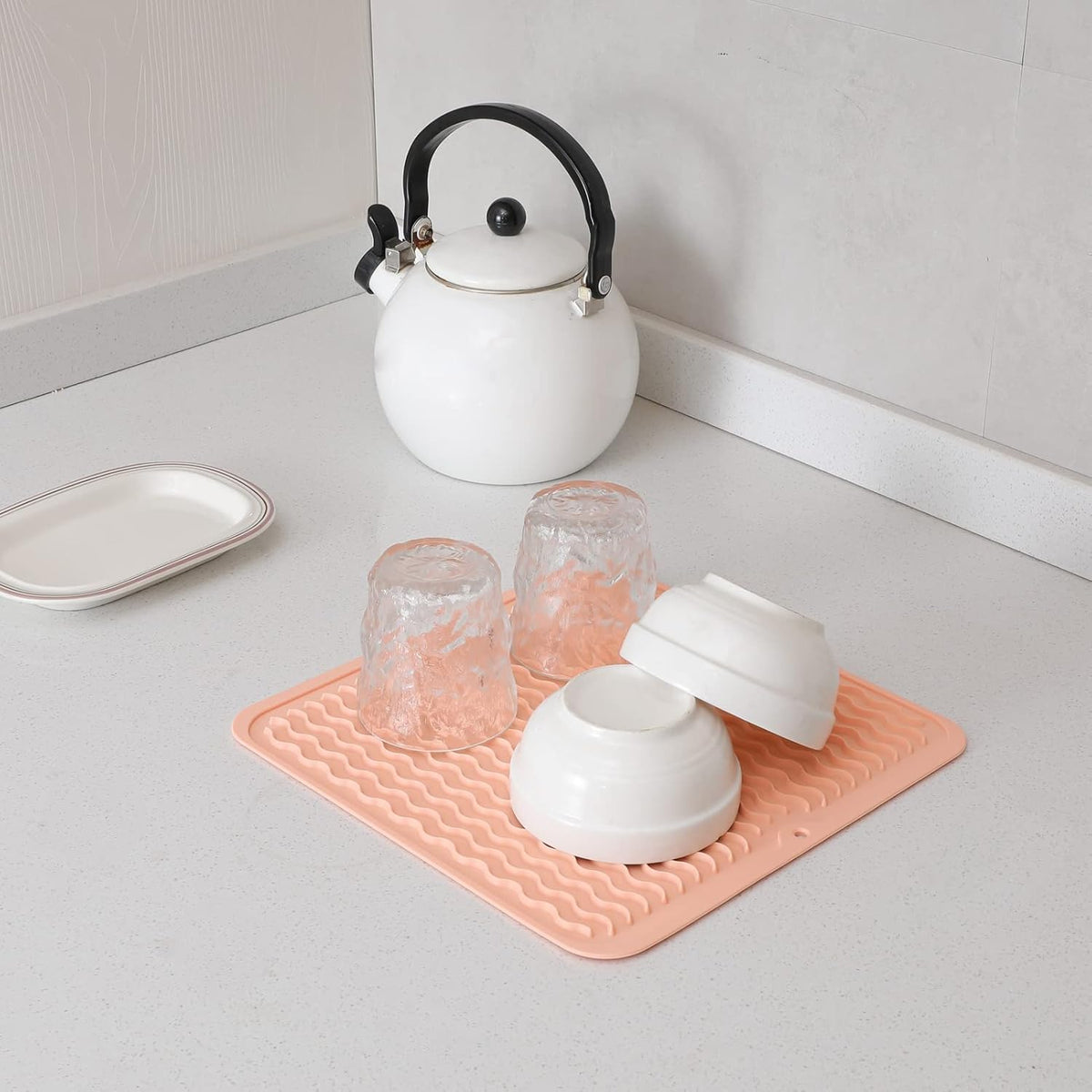 Silicone Dish Drying Mat for Multiple Usage,Easy clean,Eco-friendly,Heat-resistant Silicone Mat for Kitchen Counter or Sink,Refrigerator or Drawer liner Pink M 12 inches x 12 inches