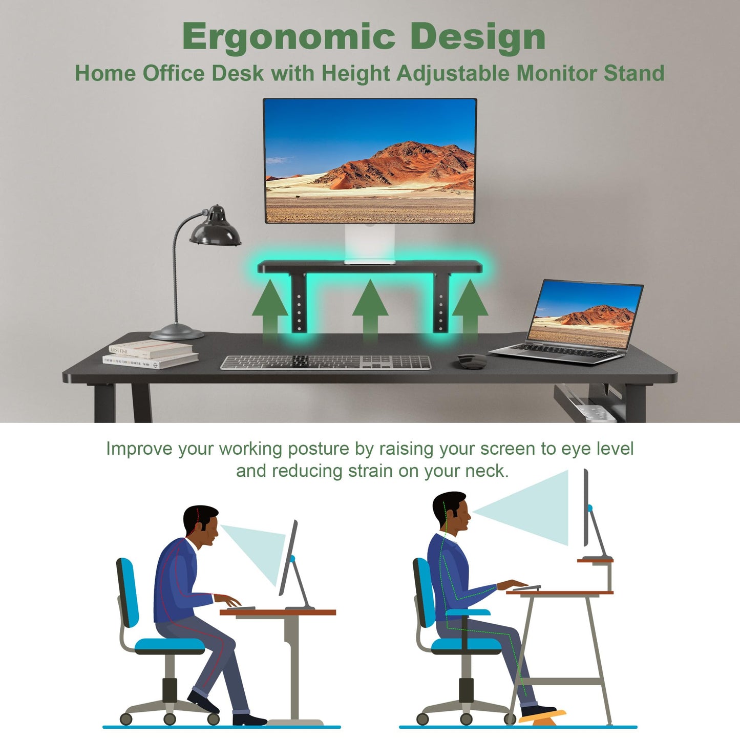 UPGRAVITY Height Adjustable Computer Desk - 47" Gaming Desk, Small Home Office Desk with Monitor Stand, Modern Simple Table Study Writing Work, Living Room Home Bedroom PC Table, Metal Frame, Black