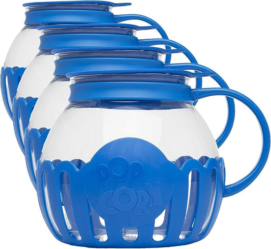 Ecolution Patented Micro-Pop Microwave Popcorn Popper with Temperature Safe Glass,3-in-1 Lid Measures Kernels and Melts Butter,Made Without BPA,Dishwasher Safe,3-Quart,Blue,(Pack of 4)