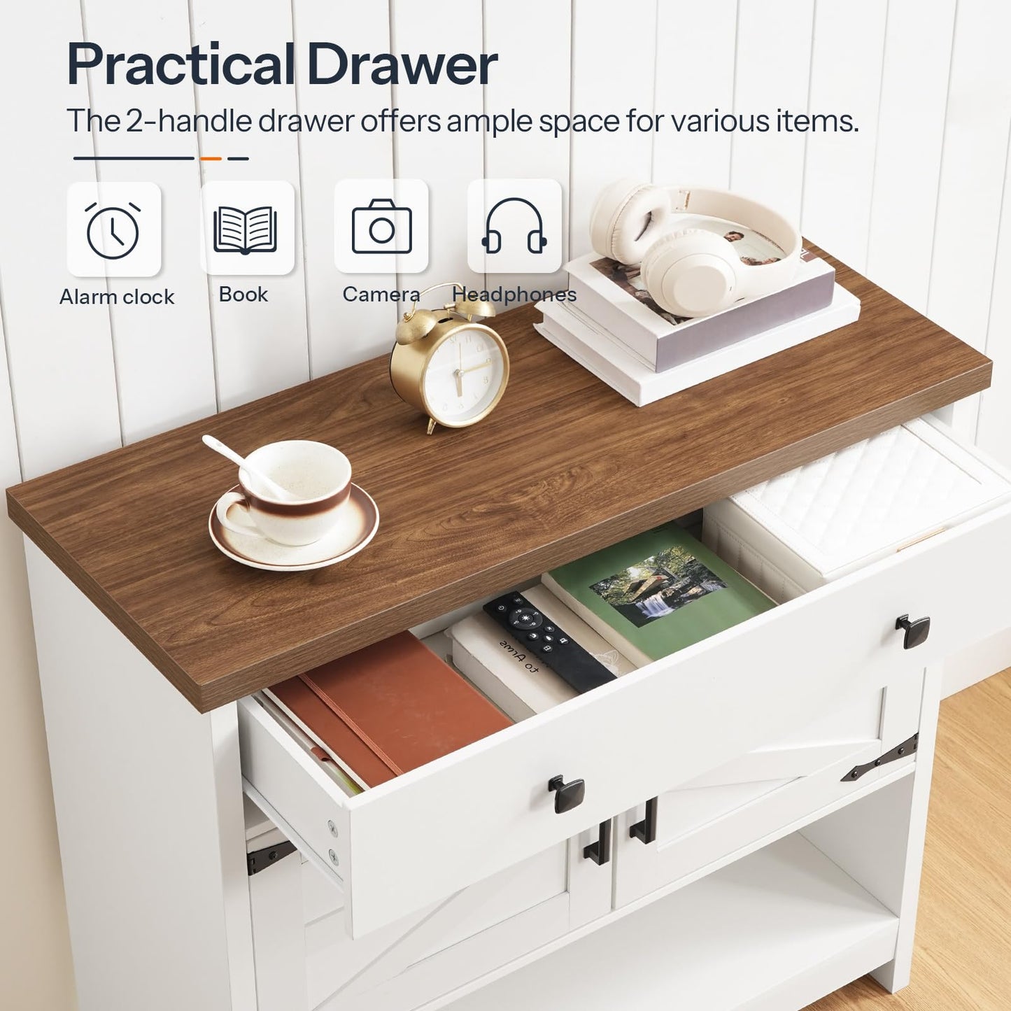 HOOBRO 34.3 Inches Farmhouse Console Table with Large Drawer and 2-Door Cabinet, Entryway Table with Storage, Sofa Table, Coffee Bar, for Entrance, Kitchen, Living Room, Walnut and White WH90XG01