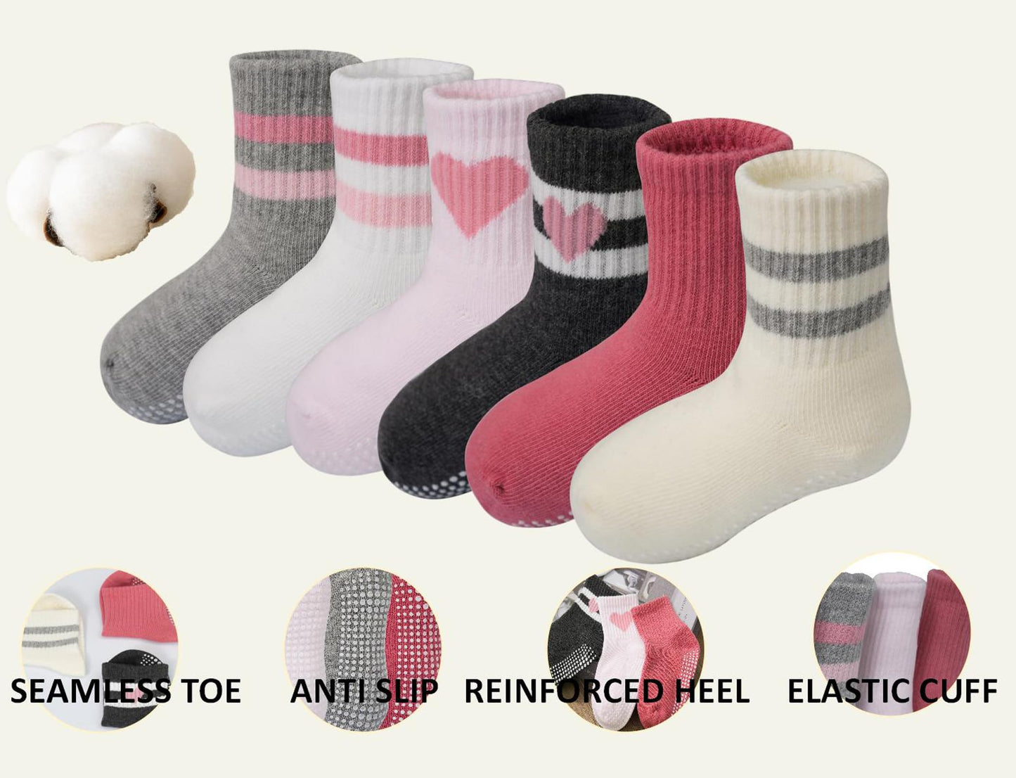 Wamvp Toddler Grip Socks with Non-Slip, Unisex Baby Retro Stripe Seamless Crew Ankle Cotton Socks for Girls Boys 6 Pairs,Pink 1-3T