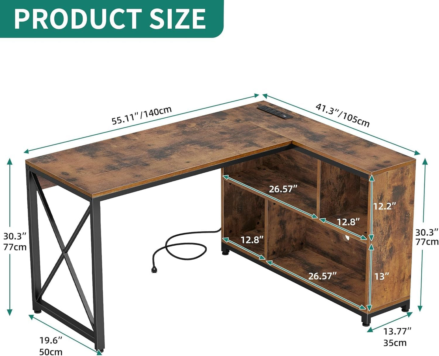 DWVO L Shaped Desk with Power Outlets, 55" Small Computer Desk with Storage Cabinet & LED Lights, Corner Desk Home Office Desk for Small Space, Rustic Brown