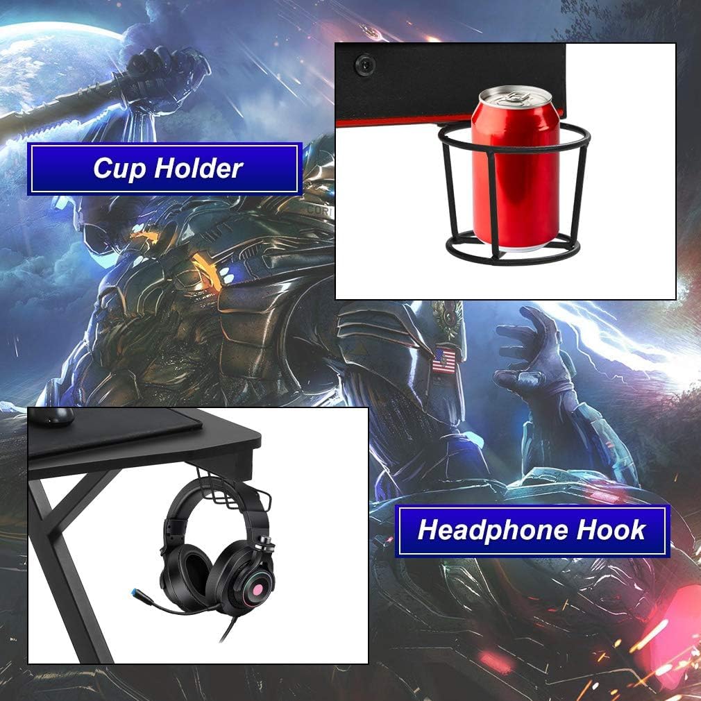PlayLessHere Gaming Desk 45" W x 29" D Home Office Computer Desk Racing Style Study Desk Extra Large Modern Ergonomic PC Carbon Fiber Writing Desk Table with Cup Holder Headphone Hook