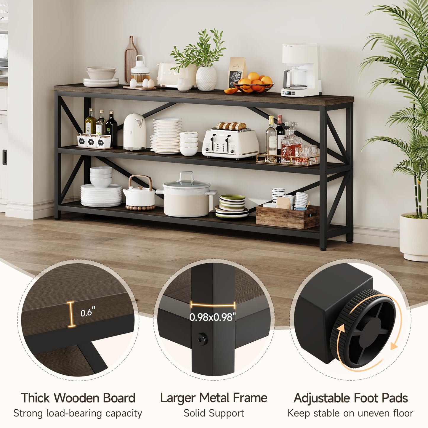 ONBRILL Industrial Console Sofa Table,70.8 Inch Extra Long Entryway Table with 3 Tier Wood Storage Shelf for Living Room, Hallway, Entrance, Narrow Sofa Table with Metal Frame, Black and Brown