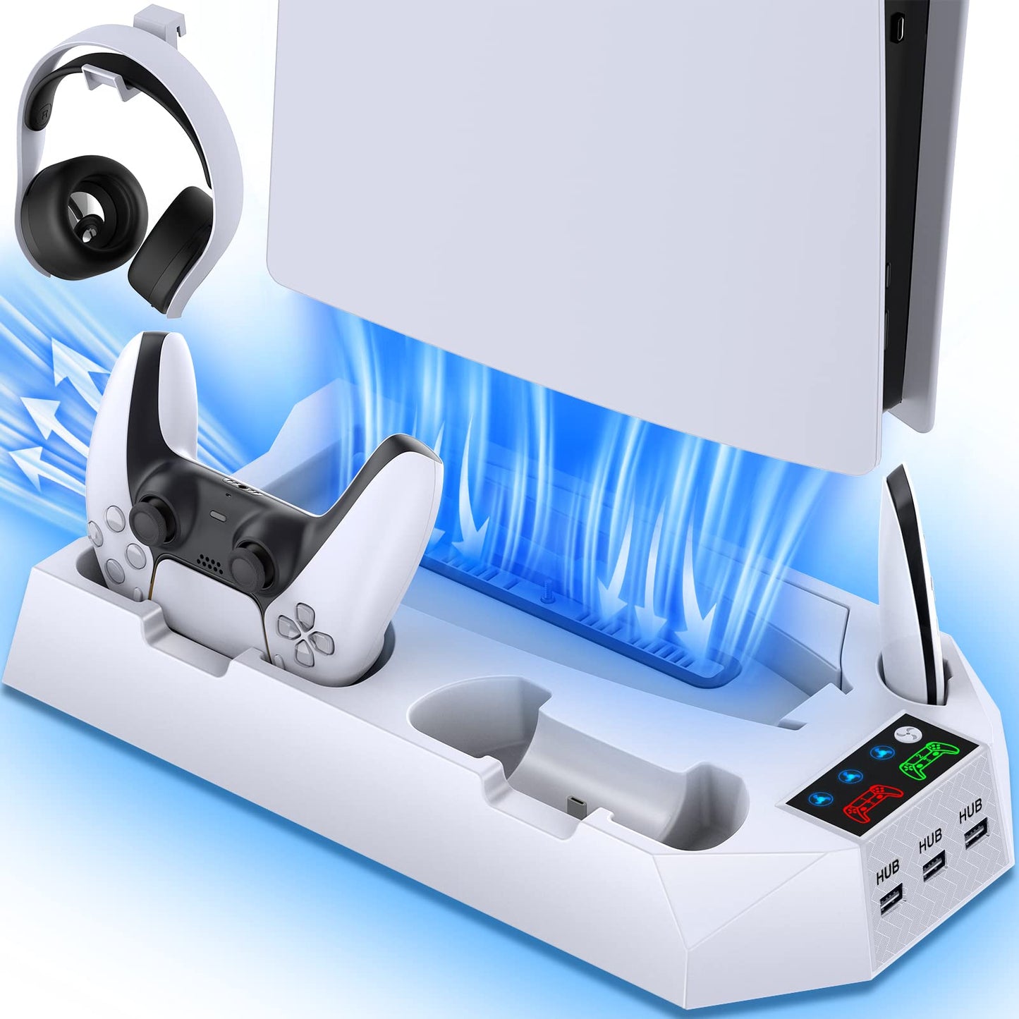 PS5/PS5 Slim/PS5 Pro Stand and Cooling Station with Dual Controller Charging Station for PlayStation 5 Console, PS5 Accessories Incl. Controller Charger, Cooling Fan, Headset Holder, 3 USB Hub, White