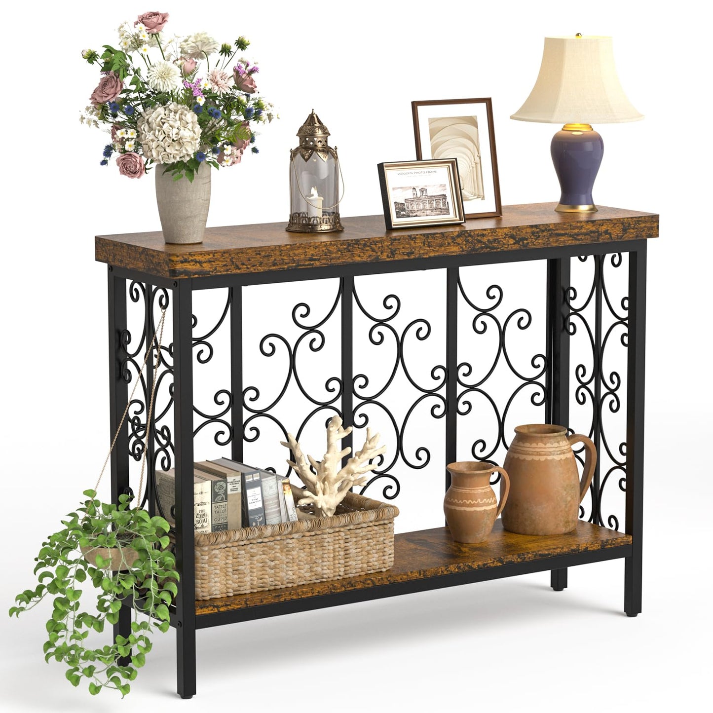 XCSOURCE Console Table, 42.5" Entryway Table with Storage Shelf, Narrow Sofa Table Behind Couch, 2-Tier Hallway Accent Tables for Living Room, Entrance, Foyer, Rustic Brown