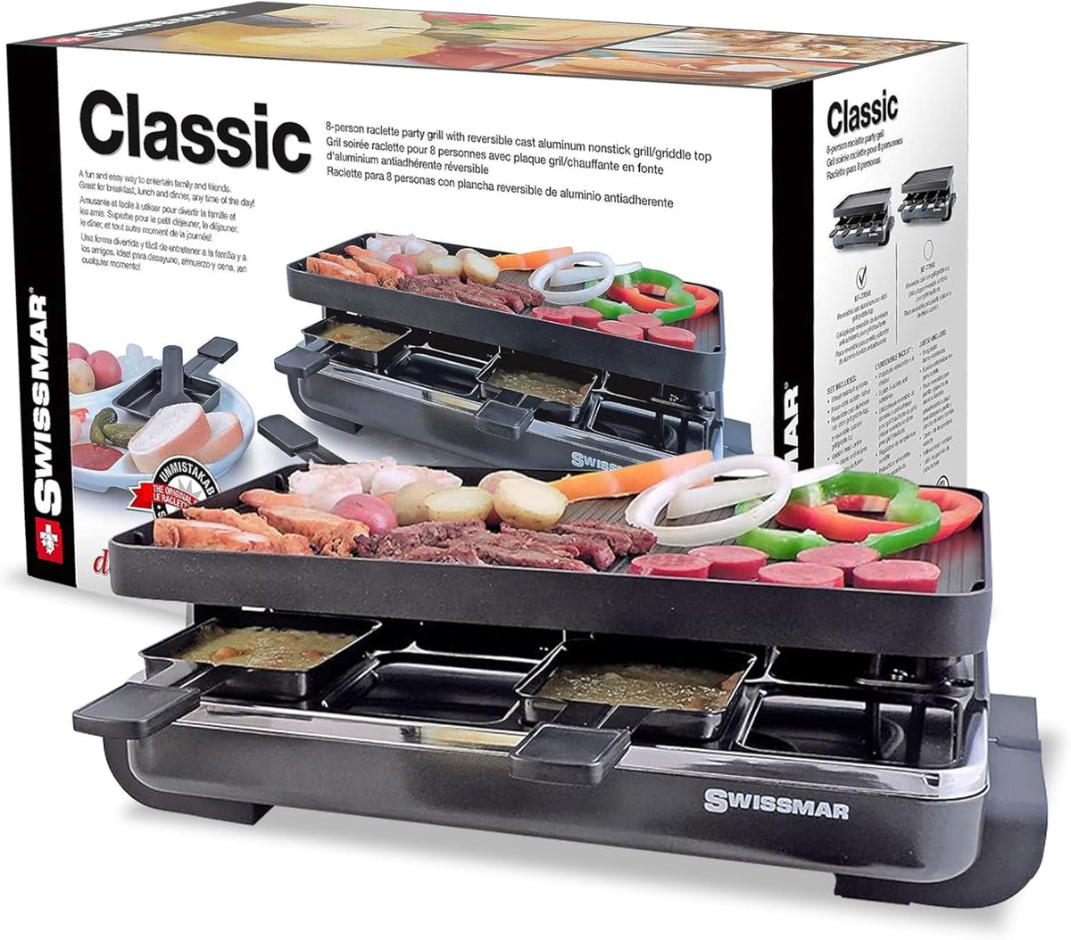 Swissmar Classic 8-Person Raclette Party Grill with Reversible Cast Aluminum Non-Stick Grill Plate/Crepe Top, Indoor Electric Raclette Grill & Griller - Black Grill Plate - Black