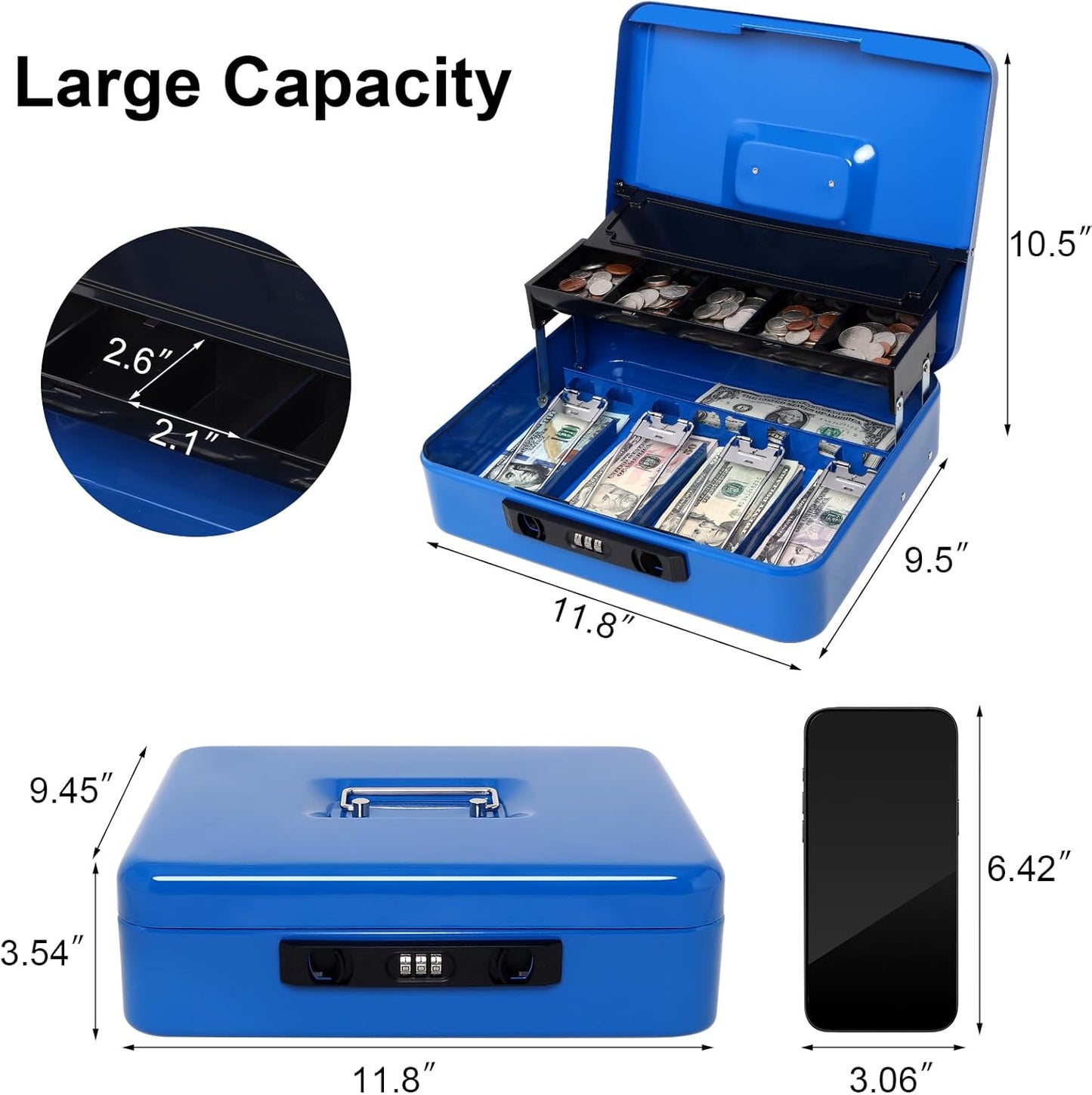 Jssmst Locking Cash Box with Coin Lid, 11.8L x 9.5W x 3.5H Inches, Latch Safe Money Box with Combination Lock, Blue