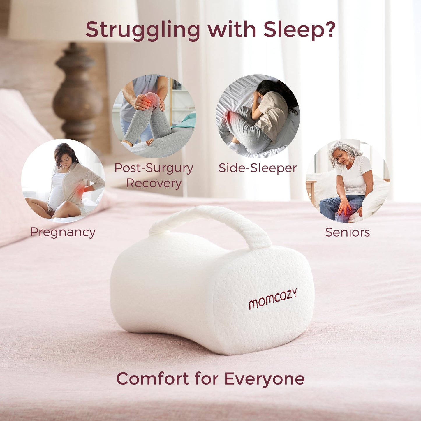 Momcozy Knee Pillow for Side Sleepers, Soft Memory Foam Support Spine Alignment Pregnancy Leg Pillow for HIPS, Back, Sciatica Pain, Fixed Strap for Moving, Wider Contact Even Pressure