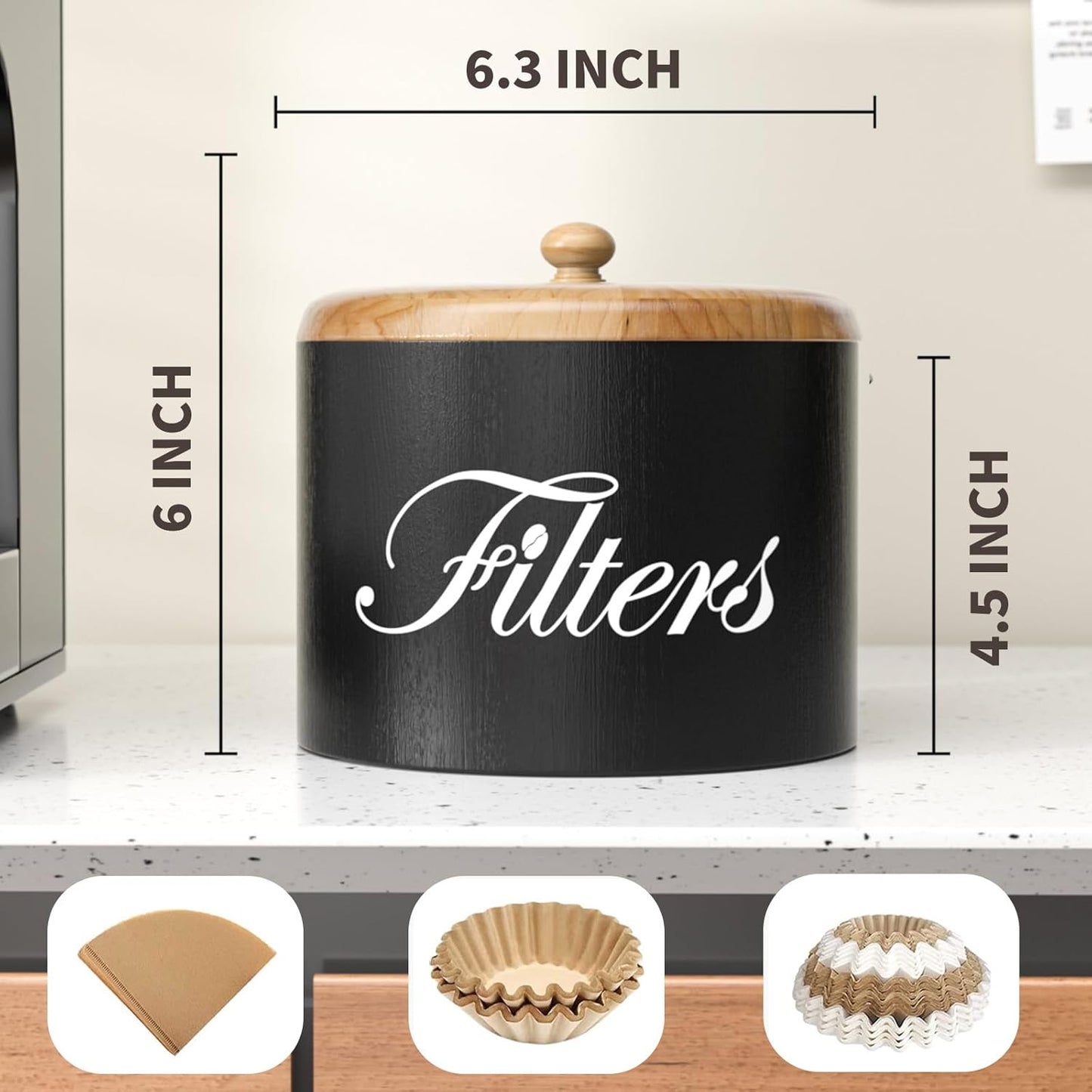 Wooden Coffee Filter Holder with Lid - Round Storage Container for Counter - Rustic Farmhouse Coffee Bar Accessories (Black)