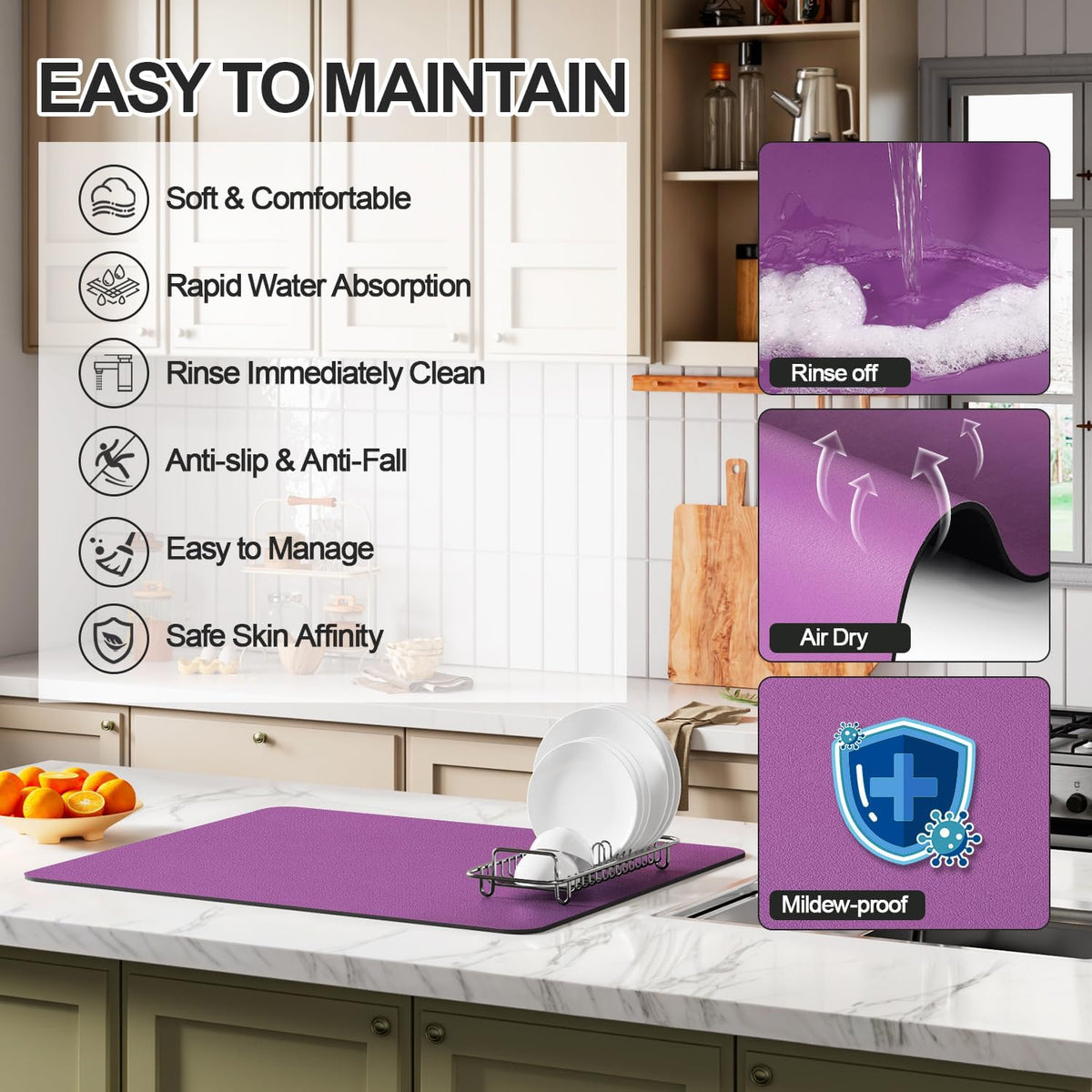 Dish Drying Mat for Kitchen Counter | Coffee Bar Mat for Countertops | Heat Resistant Drainer Mat with Non-slip Rubber Backed | Hide Stain Kitchen Absorbent Draining Mat | Purple 18"x28"