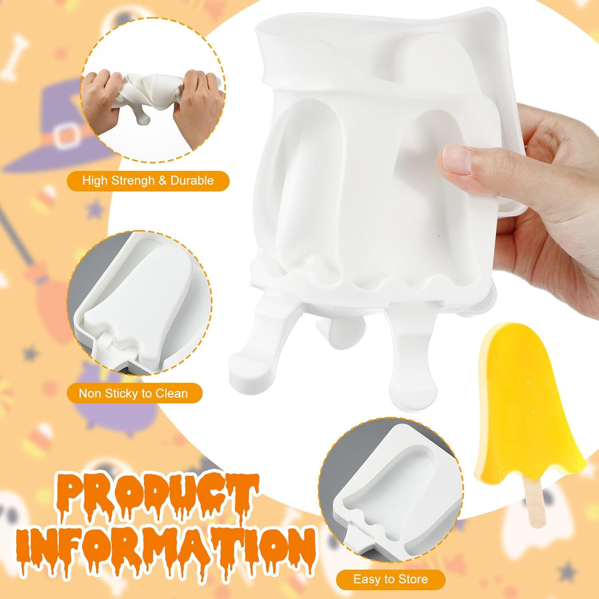 Hushee Halloween Ghost Shaped Mold Large 4 Cavity Reusable Silicone Cakesicle Cake Pop Ice Cream Mold for Halloween Adults Homemade Ice Cream Chocolate Candy DIY Trick Dessert Decorating