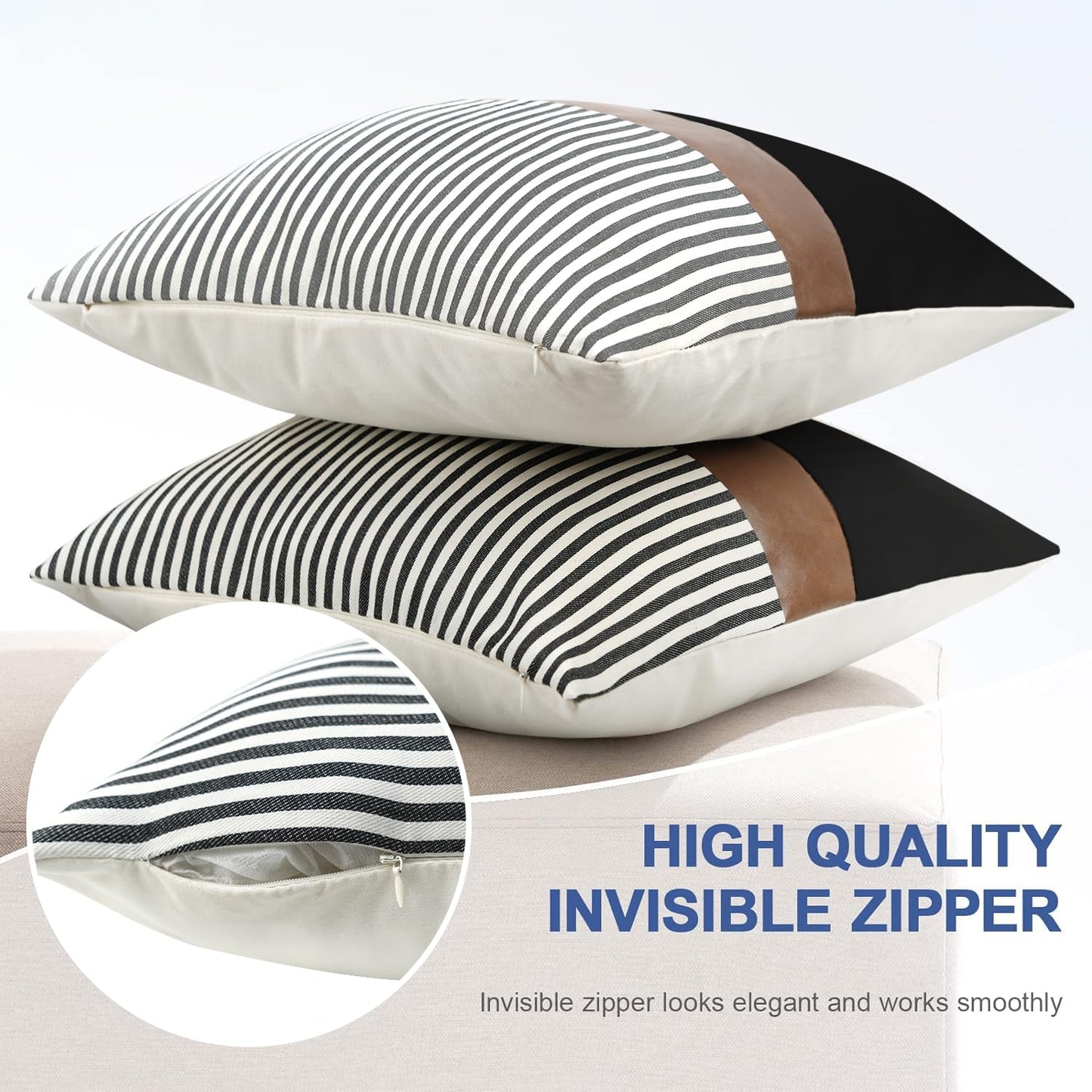 cygnus 22x22 Pillow Covers Set of 2 Boho Rustic Farmhouse Decorative Striped and Black Linen Throw Pillow Covers Modern Brown Faux Leather Covers for Couch Sofa, Navy Striped