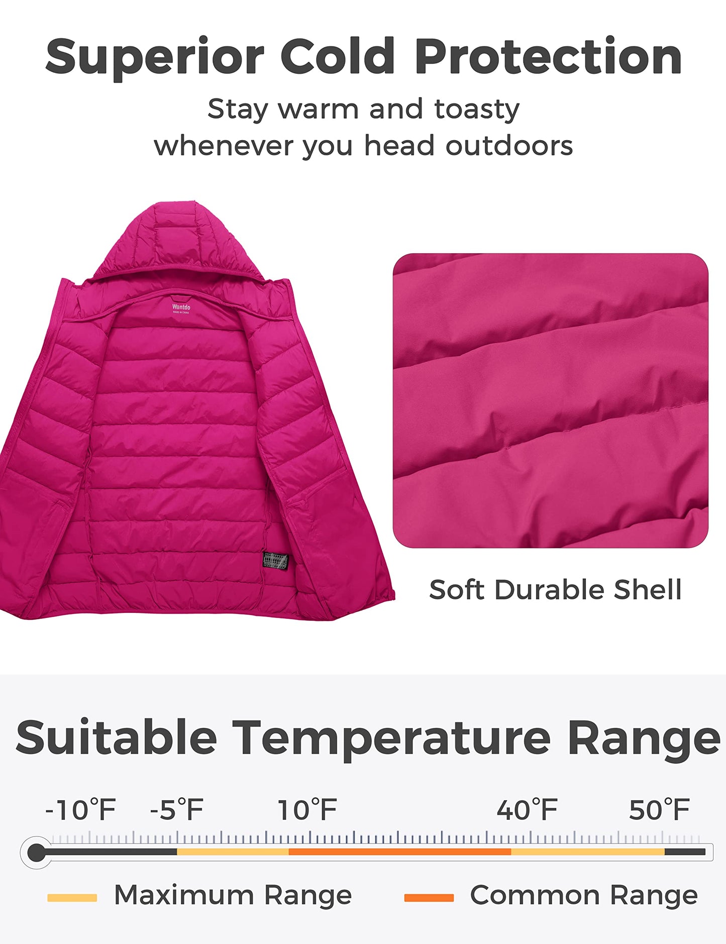 wantdo Plus Size Puffer Jacket Women Quilted Hooded Winter Coats Rose Red 3X
