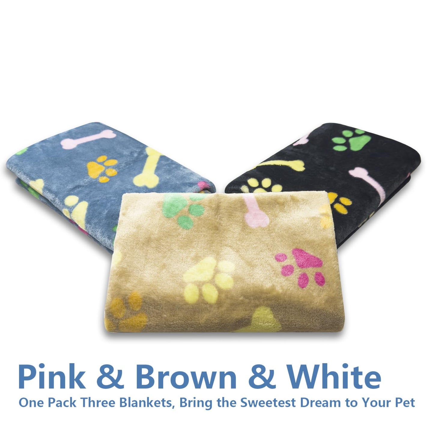LeapSheep Pet Blankets for Dogs Cats - 3Pack Bone Pattern Super Soft Fluffy Dog Blankets for Small Medium Large Doggy Kitten (Coloful Bones, Small)