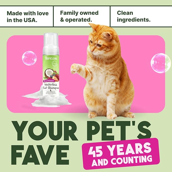 TropiClean Berry & Coconut Waterless Cat Shampoo | Deep Cleansing Dry Shampoo for Cats | Natural Cat Shampoo Derived from Natural Ingredients | Made in the USA | 7.4 oz.