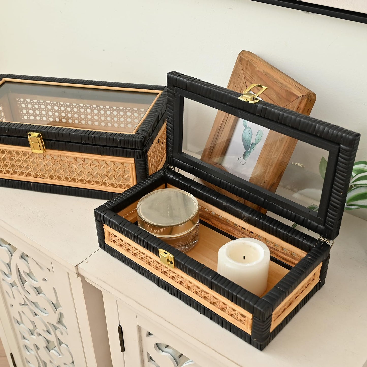 DECOR4SEASON Cane and Rattan Decorative Storage Boxes with Lids - Elegant Set of 2, Stacking Boxes with Glass Top, Handcrafted Rustic Charm for Home Organization (Rattan&Black, 14.1"x8.2"5.1")