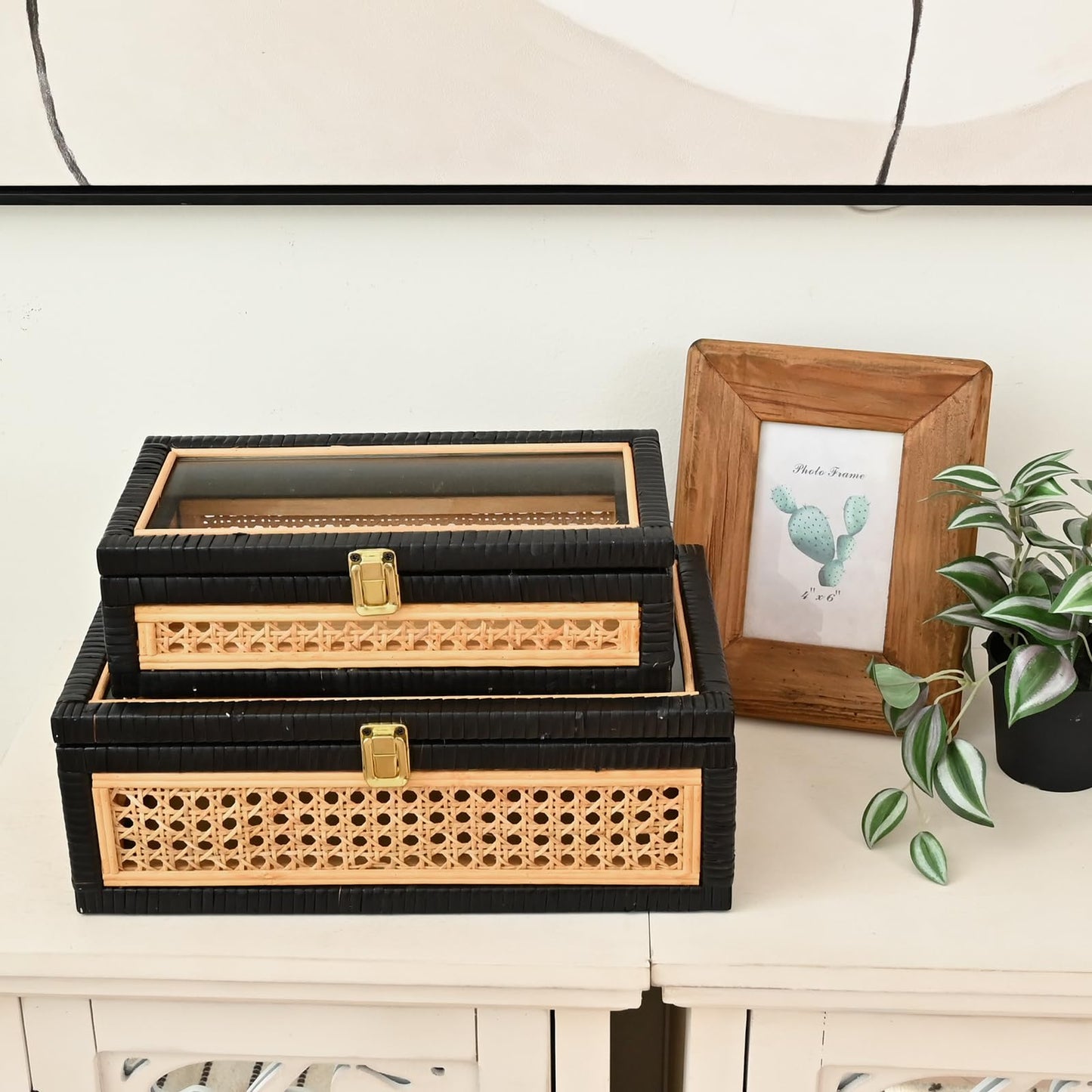 DECOR4SEASON Cane and Rattan Decorative Storage Boxes with Lids - Elegant Set of 2, Stacking Boxes with Glass Top, Handcrafted Rustic Charm for Home Organization (Rattan&Black, 14.1"x8.2"5.1")