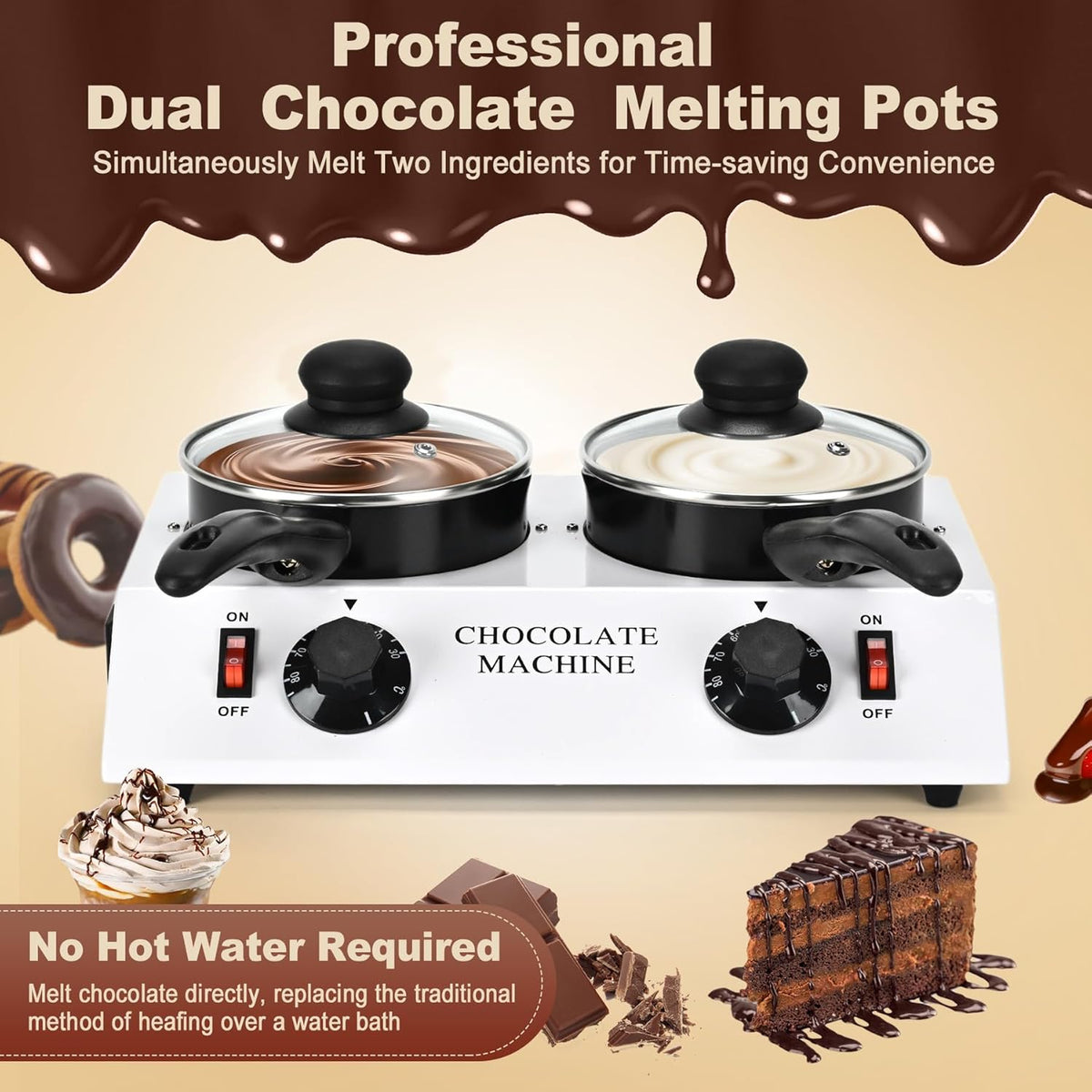 Electric Chocolate Melting Machine, Chocolate Warmers(2x1L Ceramic-Coated Pots, Chocolate Dipping Fork Spoons Set) Fast and Even Melting | PTC Heating| Temp Control, Ideal for Chocolate, Candy, Butter