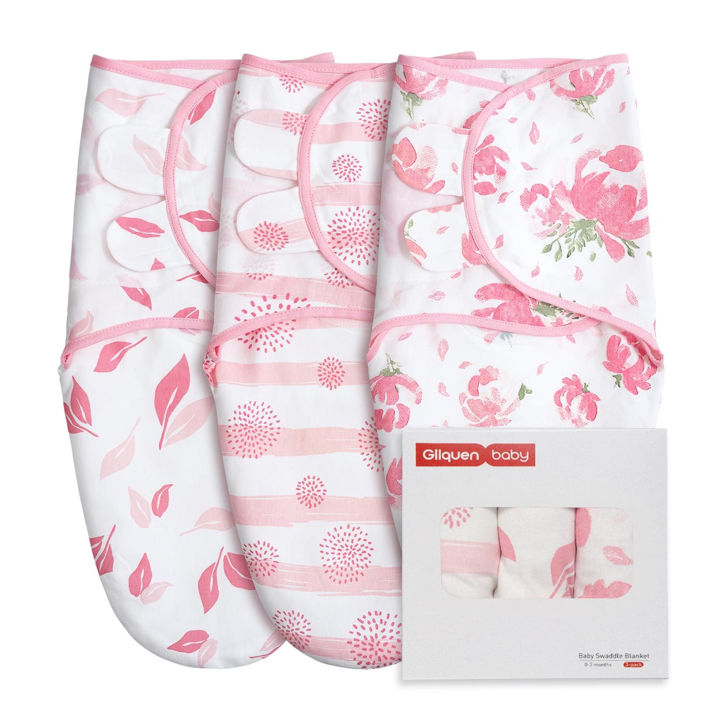 GLLQUEN BABY Girl Swaddles 0-3 Months - 3 Pack Baby Swaddles Sack for Newborn, Infant Sleep Sack, Easy Swaddling Wrap, A Pink Floral, Nursery Swaddle Blankets Essentials