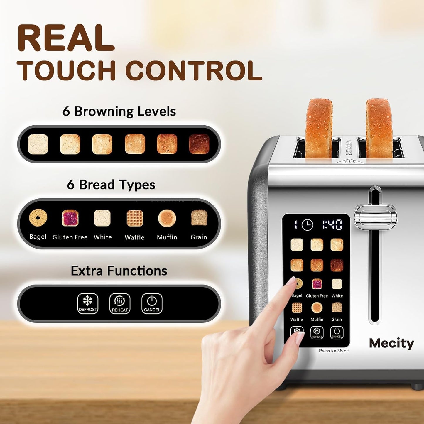 Mecity 2 Slice Touch Screen Toaster, 1.5" Wide Slot, Stainless Steel Smart Toaster for Bagels, Muffins, Waffles, Gluten-Free Breads, Defrost, Reheat, Timer, 120V 825W, Pearl Grey