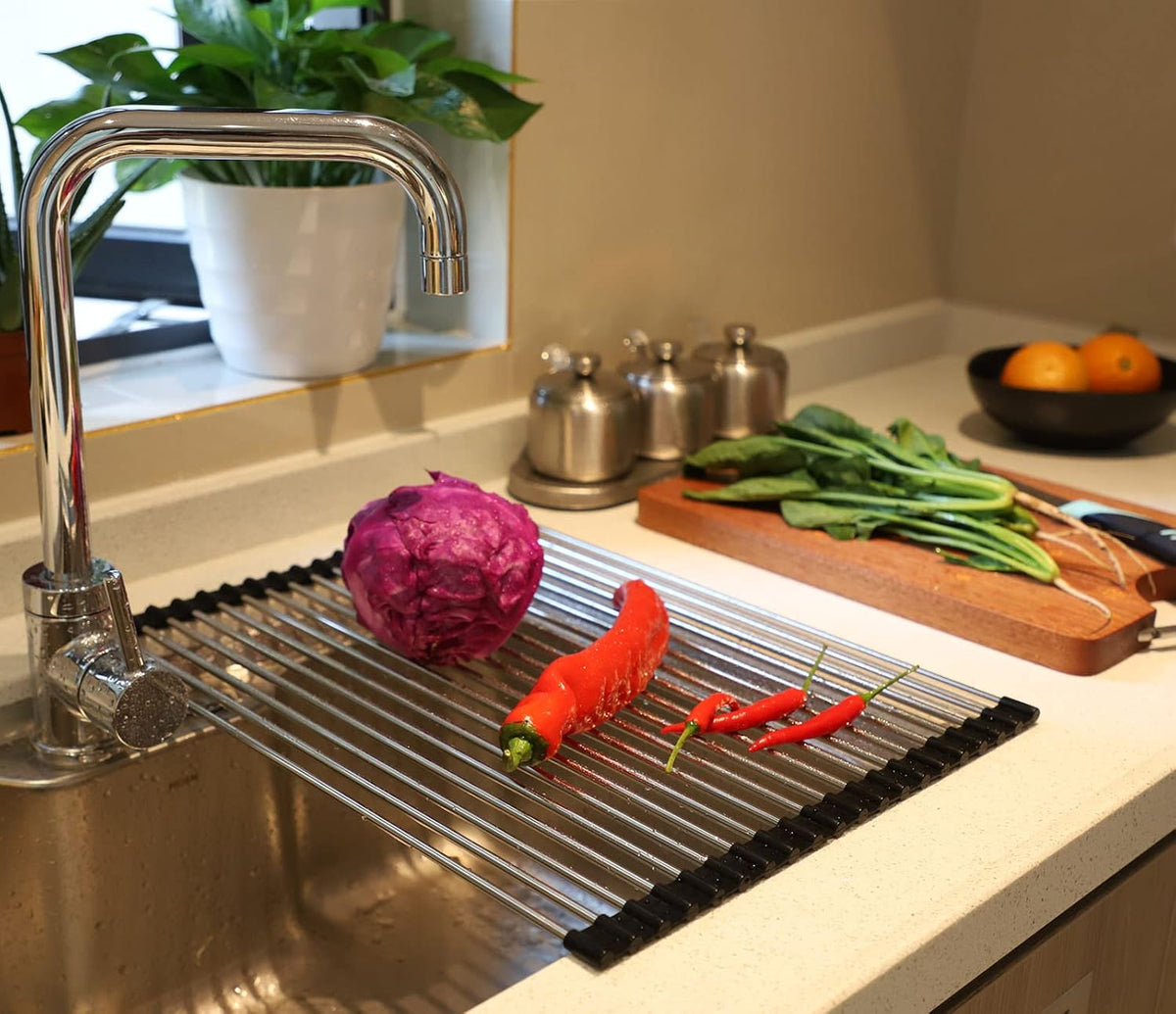Ahyuan Roll up Dish Drying Rack Over The Sink Kitchen Roll up Sink Drying Rack Stainless Still Portable Drainer Foldable Dish Rack (Black, 17.8''X13.5'')