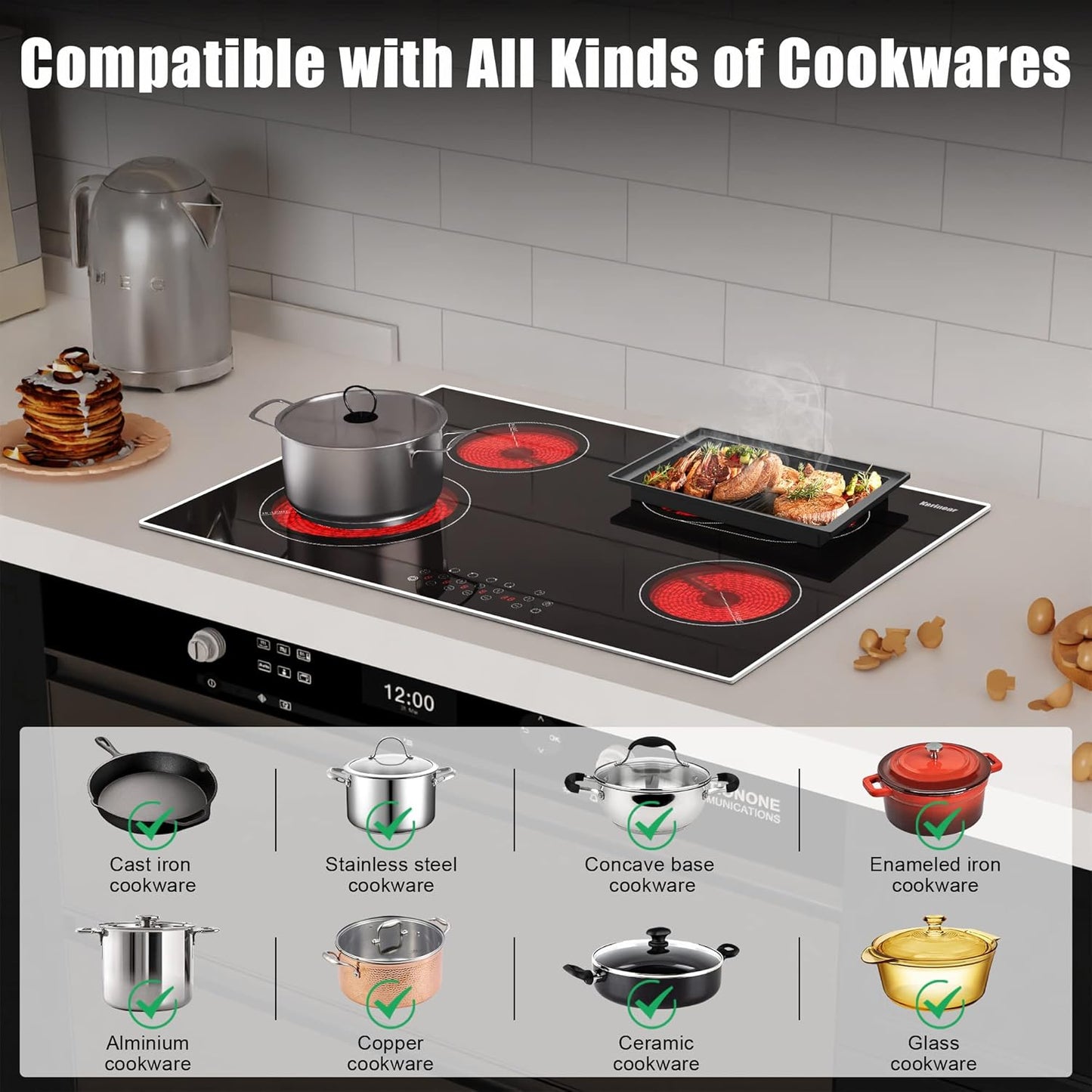 Karinear 30 Inch Electric Cooktop 4 Burners, Built-in Electric Stove top with Glass Protection Metal Frame, Expandable Burners, Multi-function Ceramic Cooktop, 220-240v Hard Wire, No Plug