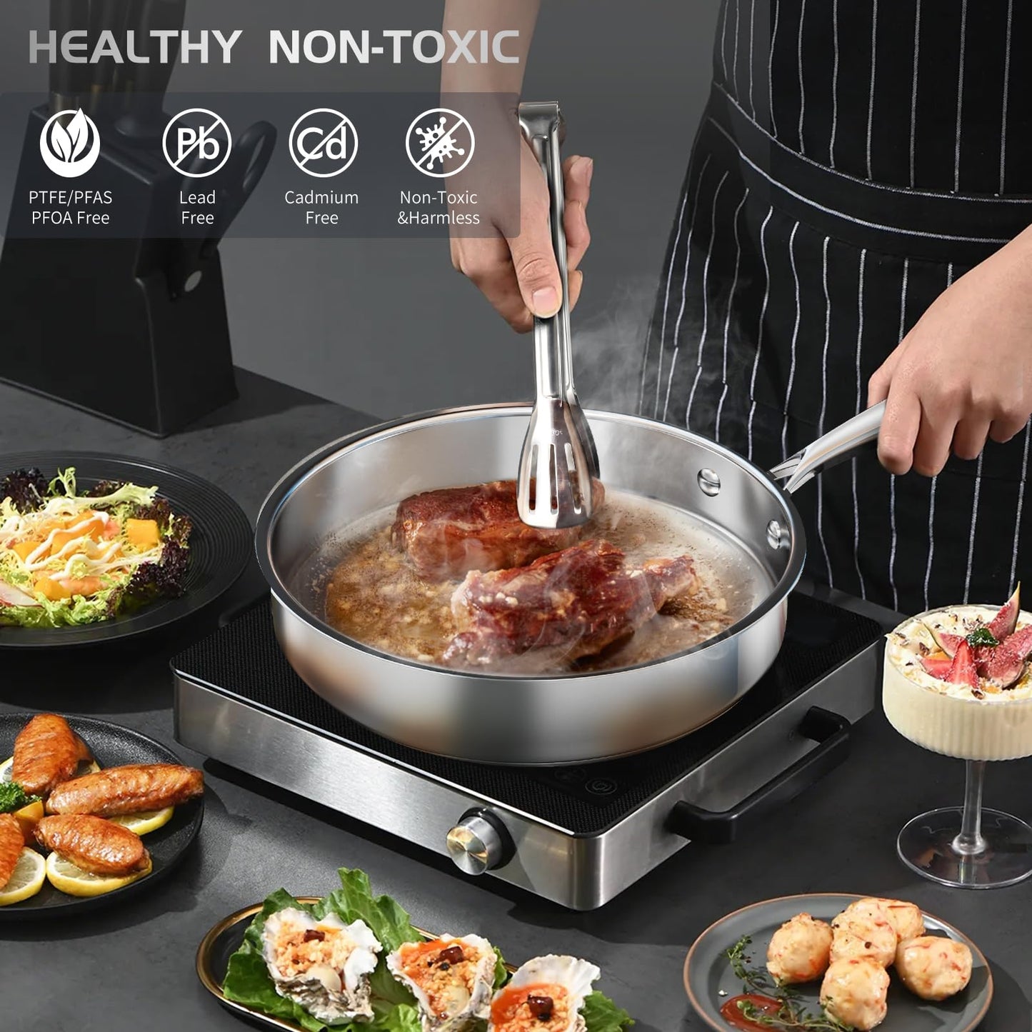 Meythway 𝐇𝐄𝐀𝐕𝐘 Pots and Pans Set Non Toxic, 16PCs Stainless Steel Cookware Set with Steamer, Kitchen Induction Cookware with Utensil Sets, Pot Protectors and Apron For Oven & Dishwasher Safe