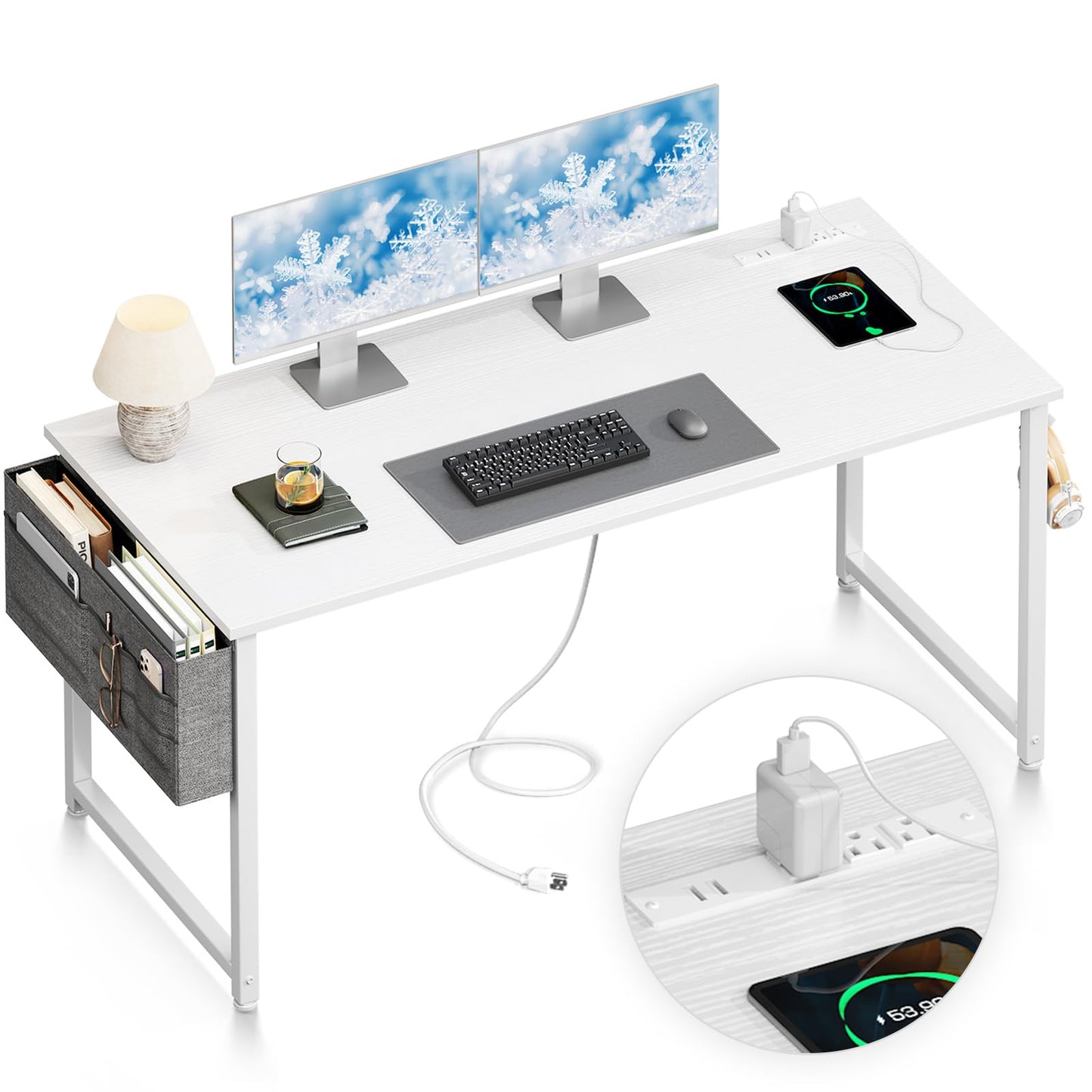 Casaottima Computer Desk, 54 inch Office Desk with Storage Bag, Writing Work Desk with Charging Station Outlets Built-in for Home Office, Study, Large Legroom, Metal Frame, White