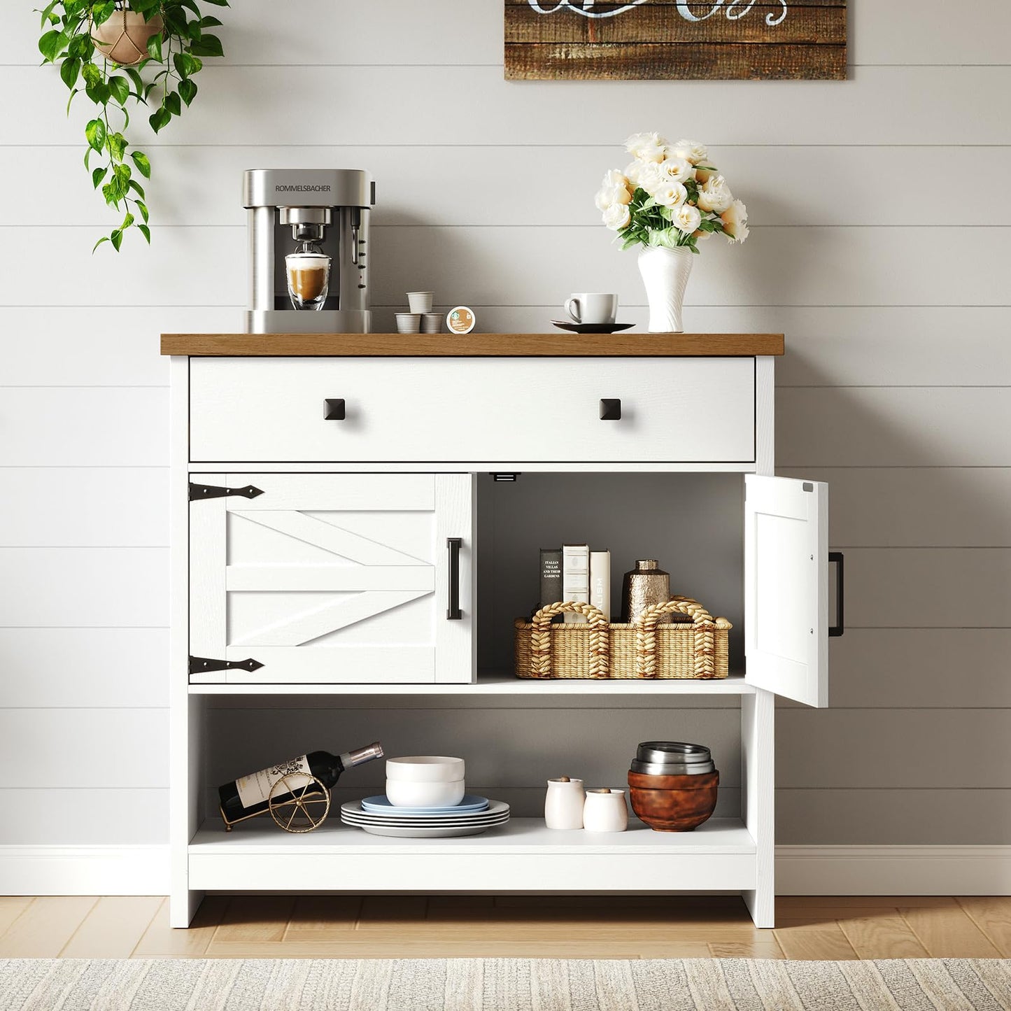 HOOBRO 34.3 Inches Farmhouse Console Table with Large Drawer and 2-Door Cabinet, Entryway Table with Storage, Sofa Table, Coffee Bar, for Entrance, Kitchen, Living Room, Walnut and White WH90XG01