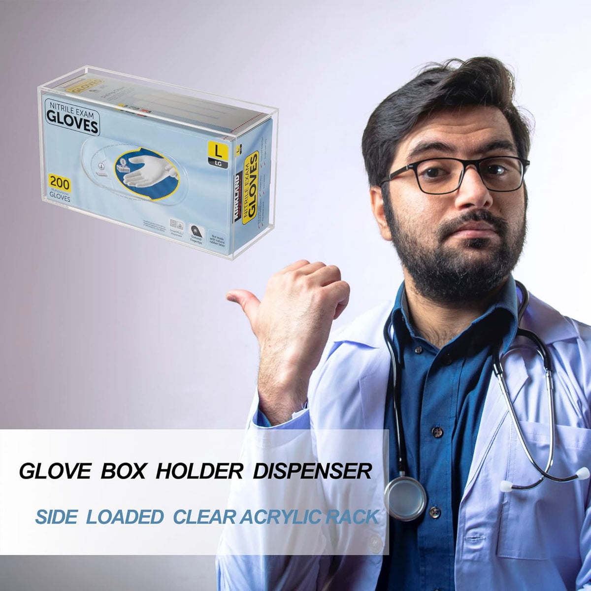 Glove Box Holder Dispenser Acrylic Single Side Loaded Clear Rack Storage Organizer for Medical, Latex, Rubber, Nitrile, Exam, Disposable Glove Boxes and Face Mask Holder Standing or Wall Mount