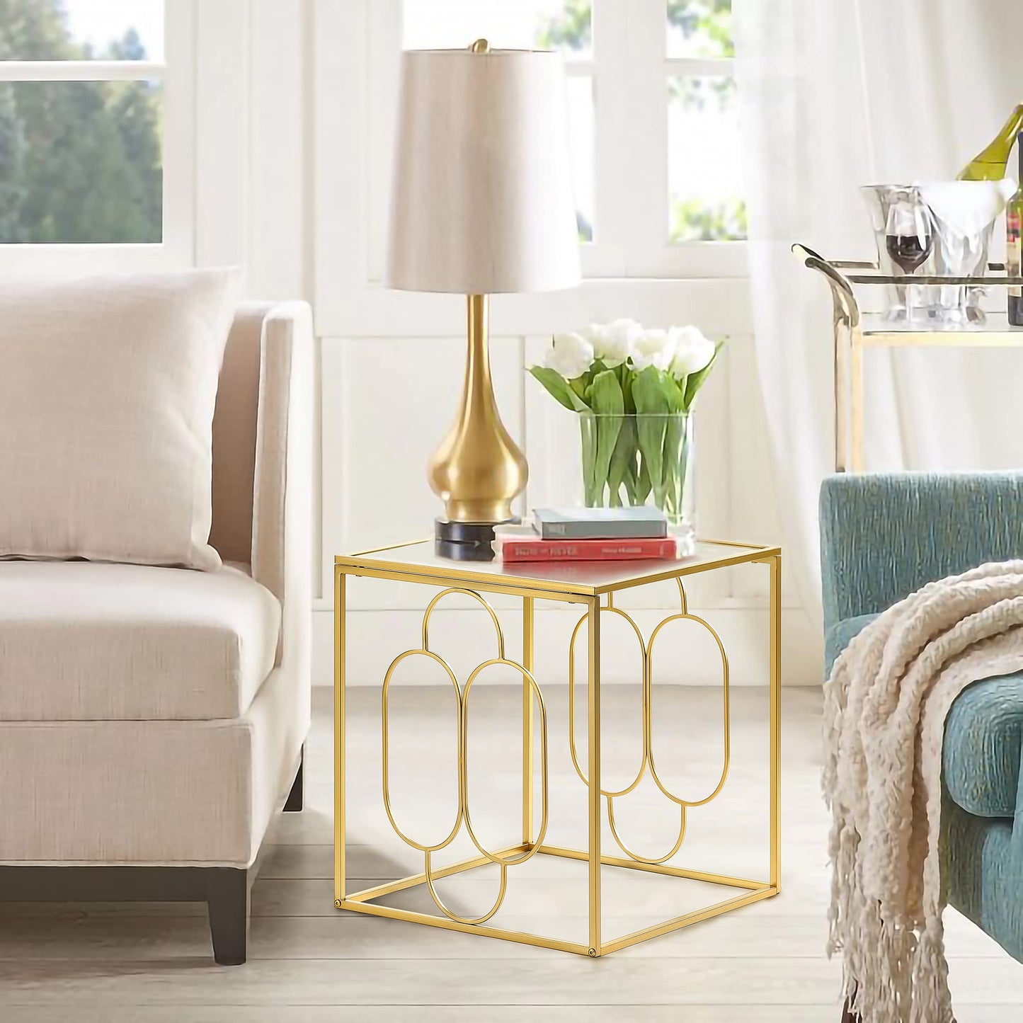 MOCOME 20" W Gold End Table with Tempered Glass Top Metal Square Frame, Side Table Accent Table Nightstand for Living Room Bedroom