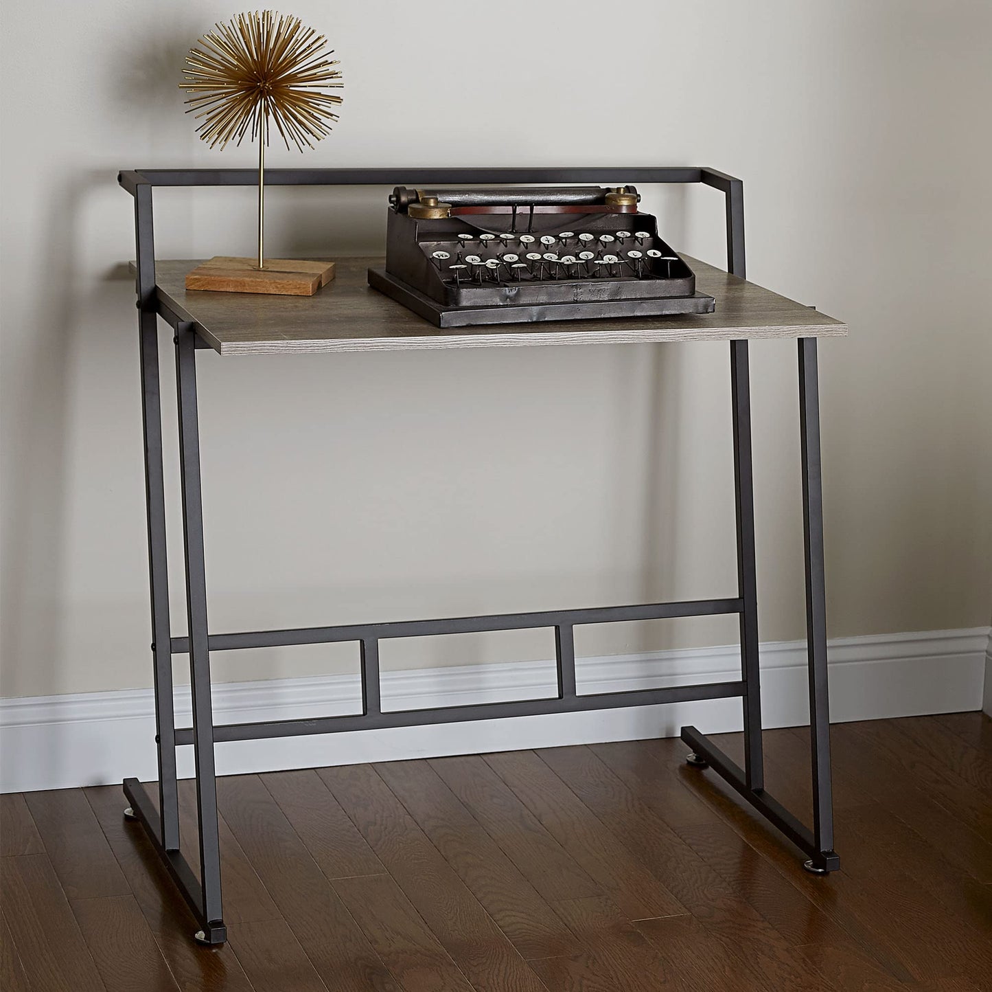 Household Essentials Jamestown Small Office Desk Ashwood Rustic Wood Grain and Black Metal