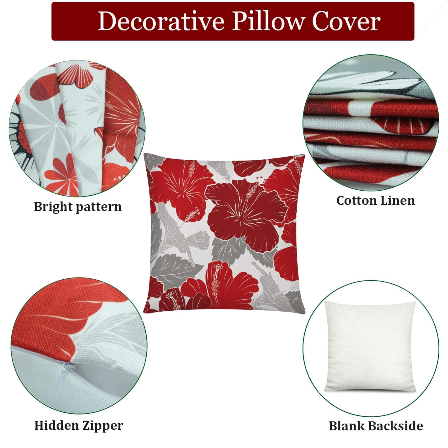 COMMINY Red Grey Pillow Covers 18x18 Set of 6 Decorative Burgundy Daisy Throw Pillow Cover for Couch Modern Farmhouse Cushion Pillow Case for Living Room Patio Home Decor