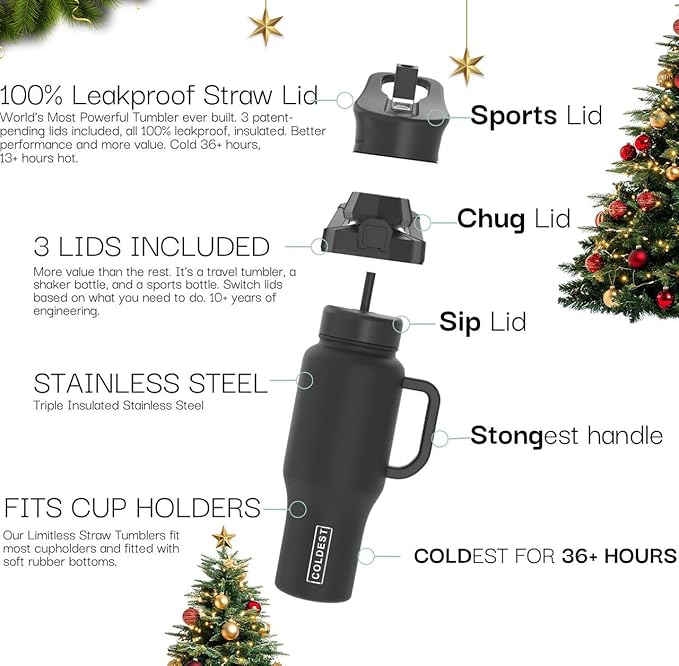 Coldest Tumbler with Handle and Straw - 100% Spill Proof Tumbler with Straw (3 Lids) - Stainless Steel Insulated Leakproof Tumblers for Women & Men - 36 oz (Black and White Checkers)