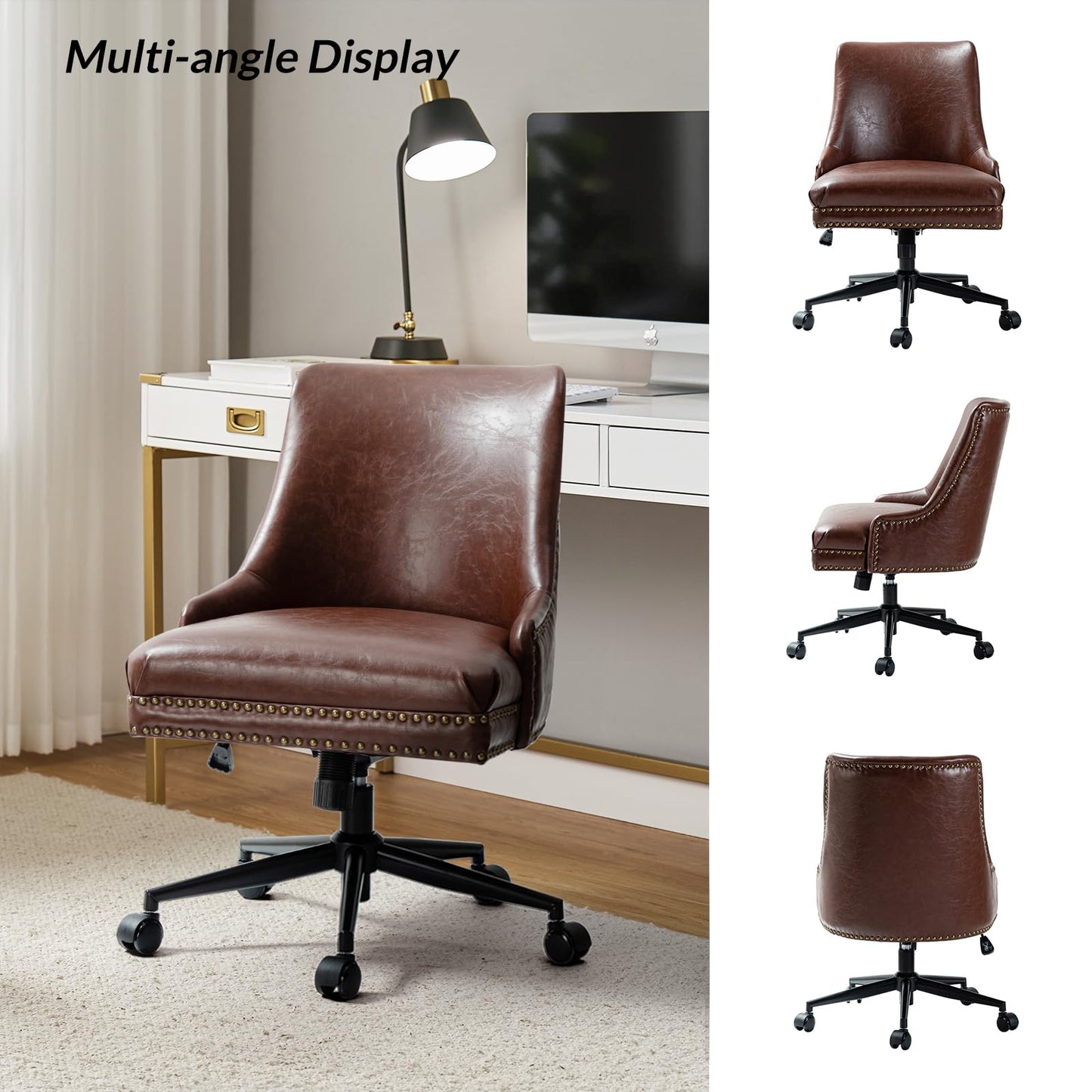 Faux Leather Home Office Chair with Black Metal Base and Nailhead, Modern Comfy Ergonomic Desk Chair with Adjustable Height/Tilt, 360-Degree Swivel, Armless Cute Decoration, Brown