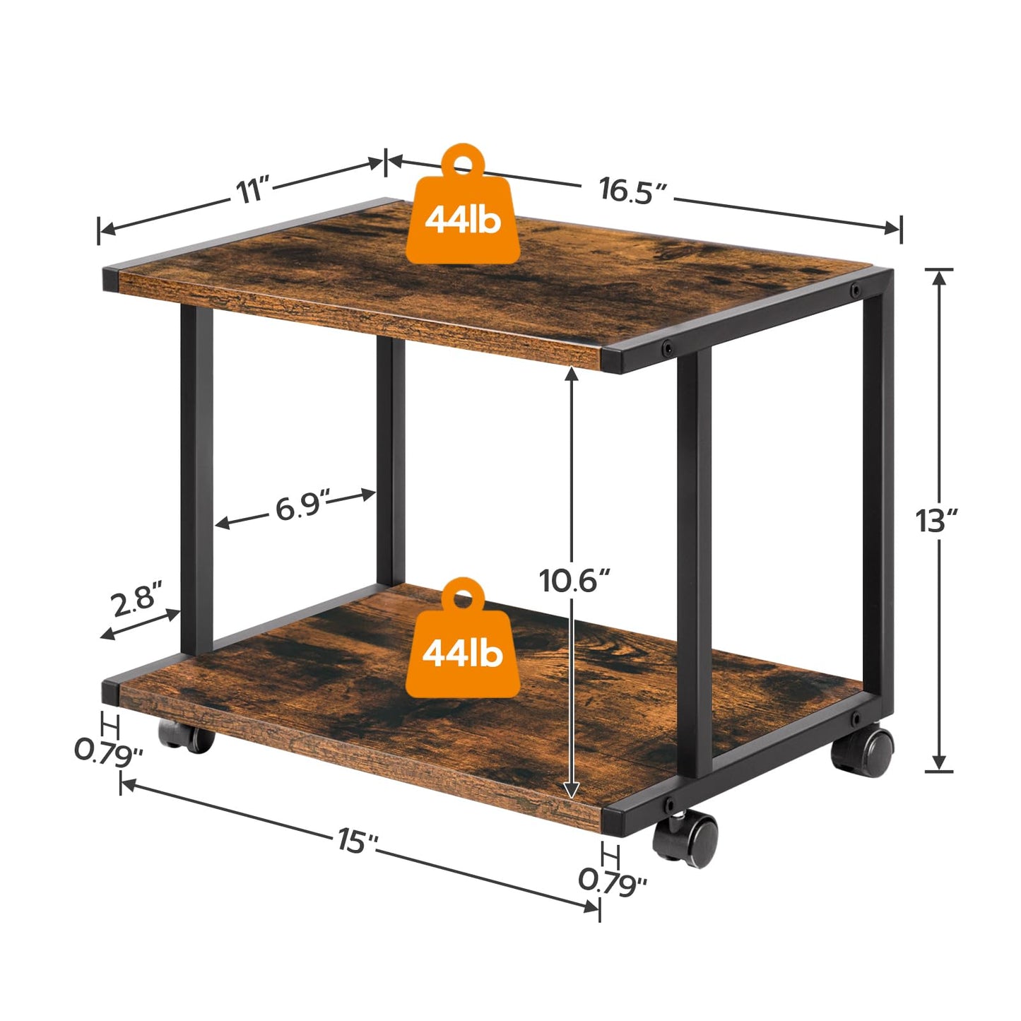 HOOBRO Under Desk Printer Stand, 2-Tier Industrial Printer Cart with Storage Shelf, Mobile Machine Holder Table Stand, for Home and Office, Rustic Brown and Black BF42PS01