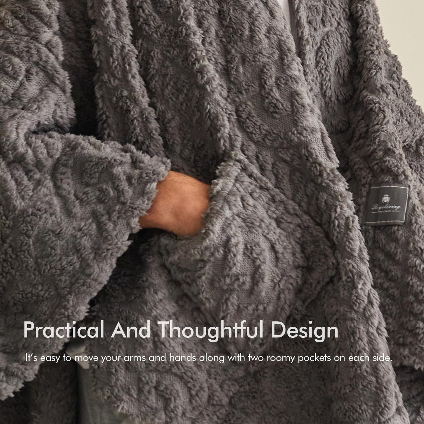 Royoliving Fuzzy Sherpa Wearable Fleece Blanket with Pockets for Adults, Ultra Soft Plush Shawl TV Throw Blankets (Grey, 58'' x 64'')