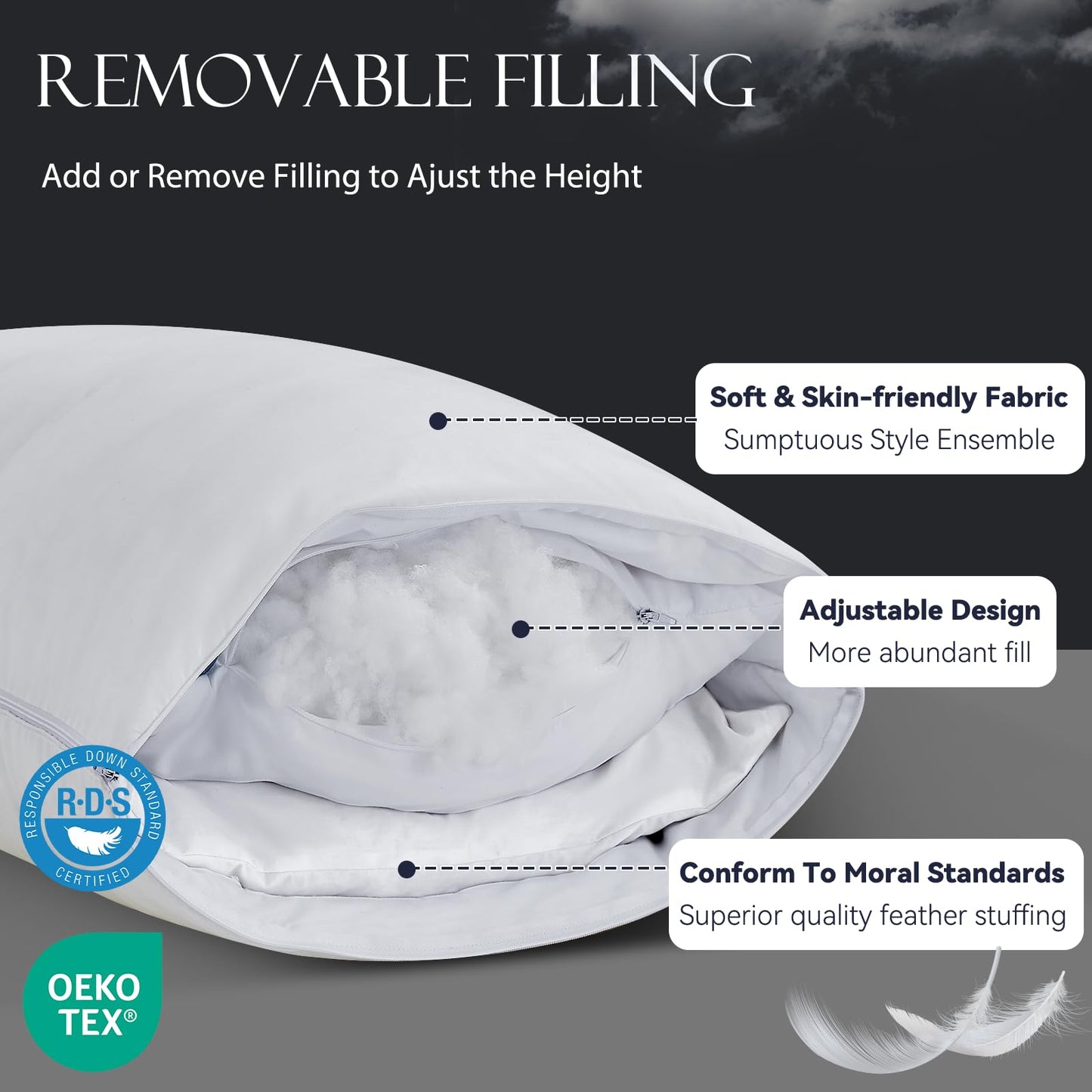 Down Feather Pillows with Adjustable Loft, Adjustable Firmness Bed Pillows Queen Size, Soft and Supportive Hotel Collection Pillow for Back Stomach Side Sleepers, Oeko-TEX Certified (20" x 30")