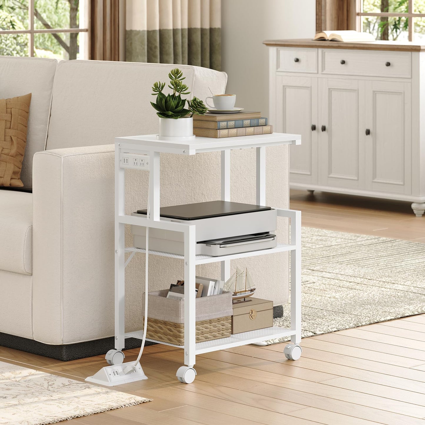 MAHANCRIS Mobile Printer Stand, 3-Tier Industrial Printer Cart with 2 AC Outlets and 2 USB Ports, Rolling Printer Table on Wheels for Home Offices Kitchen Organization Rack, White PTWT78E01